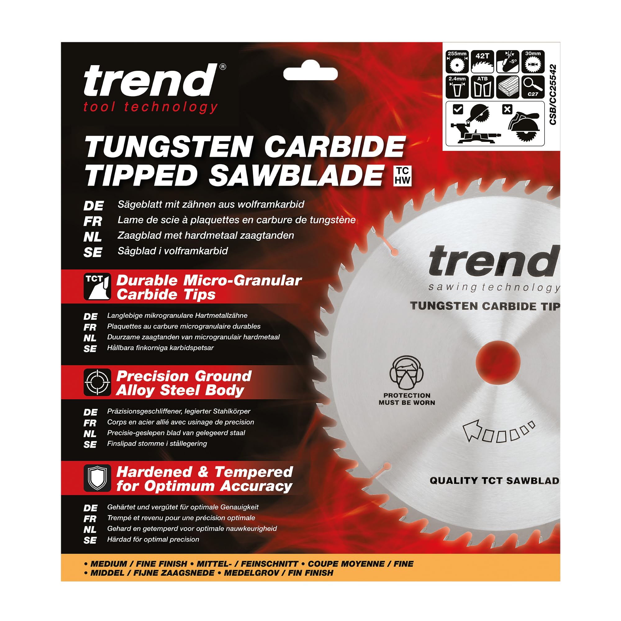 Trend 255Mm X 42 Teeth X 30Mm Bore Wood Mitre Saw Blade, 255Mm Diameter, 30Mm Bore, 42 Teeth, 2.4Mm Kerf, -5° Hook, Tct, Fine Finish, Csb/Cc25542
