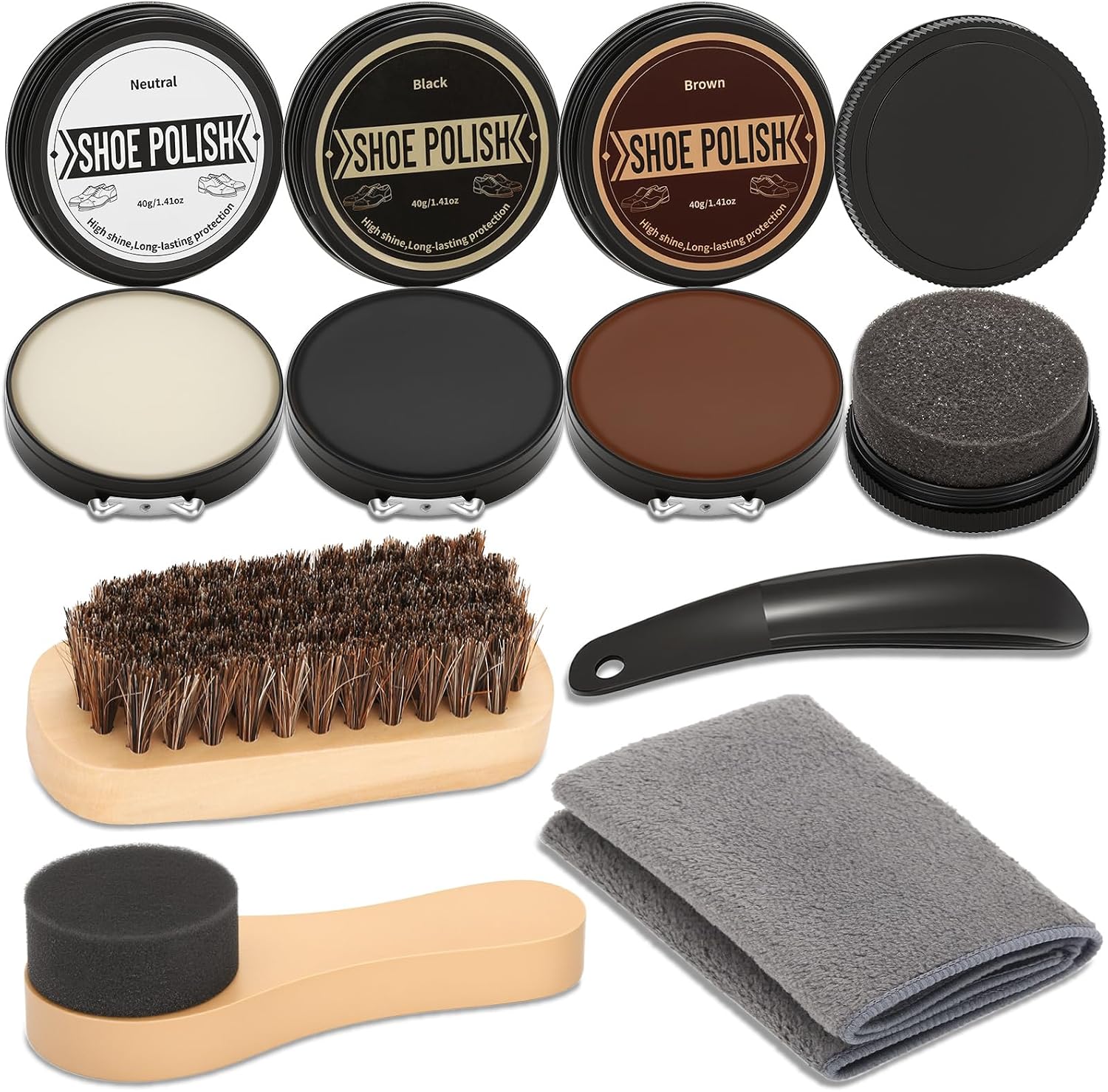 8 PCS Leather Shoe Polish Kit- Shoe Shine Kit As Gift for Men with Black Brown Neutral Shoe Polish, Horsehair Shoe Polish Brush, Shine Sponges Care Cloth-Shoe Cleaning Kit for Leather Boots