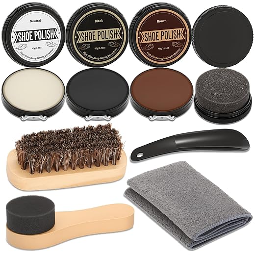 8 PCS Leather Shoe Polish Kit- Shoe Shine Kit As Gift for Men with Black Brown Neutral Shoe Polish, Horsehair Shoe Polish Brush, Shine Sponges Care Cloth-Shoe Cleaning Kit for Leather Boots
