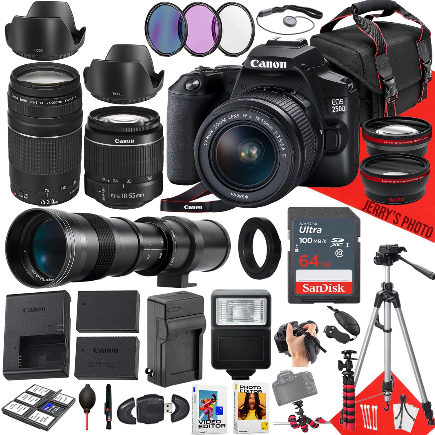 Canon EOS 250D / Rebel SL3 DSLR Camera with EF-S 18-55mm f/3.5-5.6 III DC, EF 75-300mm f/4-5.6 III and 420-800mm f/8.3 HD Lens + 64 GB Memory + Filters + More (37pc Bundle) (Renewed)