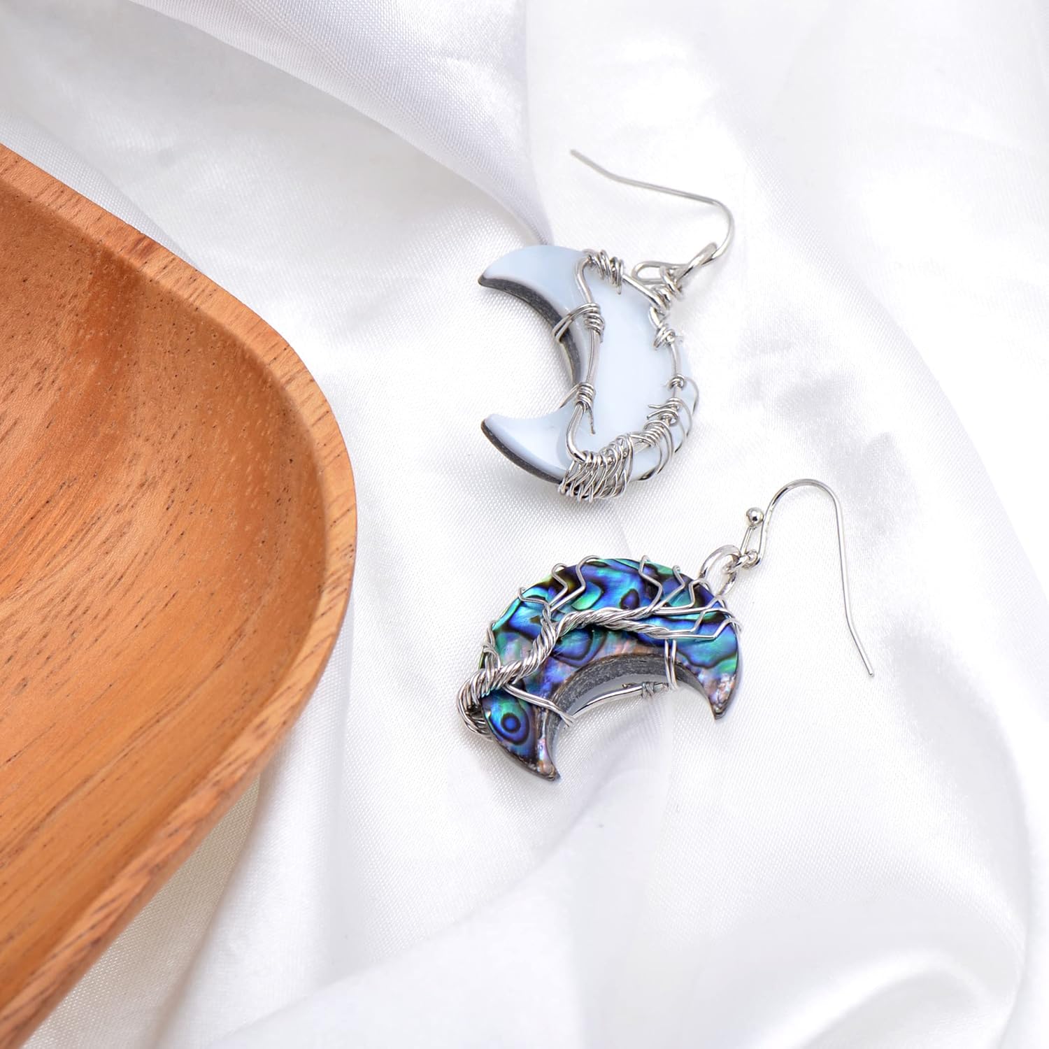 Handmade Moon shaped Abalone Shell Dangle Earrings for Women, Wire Craft Tree of Life Earrings - Image 3