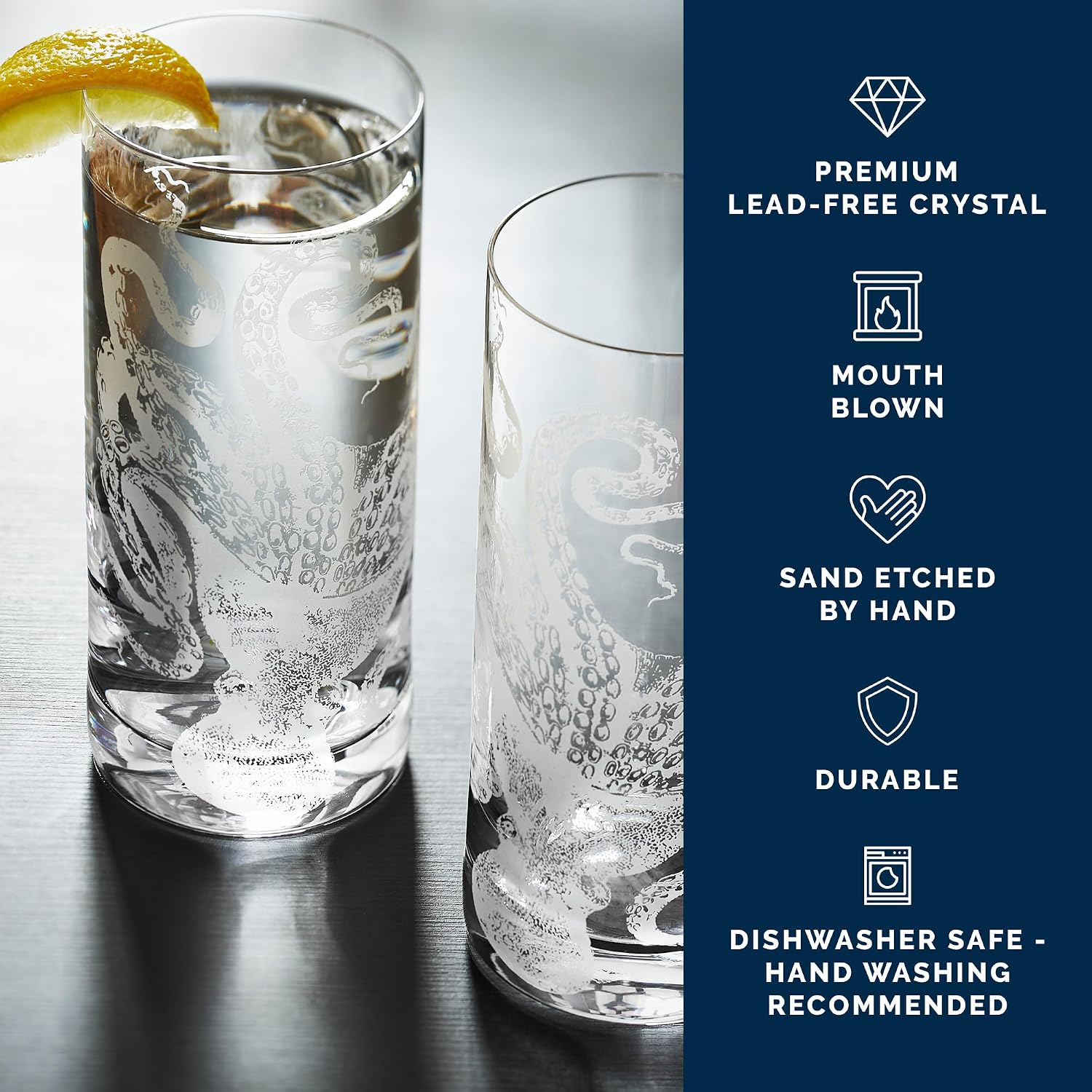 Caskata Lucy the Octopus Highball Glasses Set of 2 | Artisan Hand-Crafted Premium Lead-Free Crystal Glassware Drinking Glasses Set | Perfect Party Cocktail Glasses for Wedding & Birthday | 16 Oz