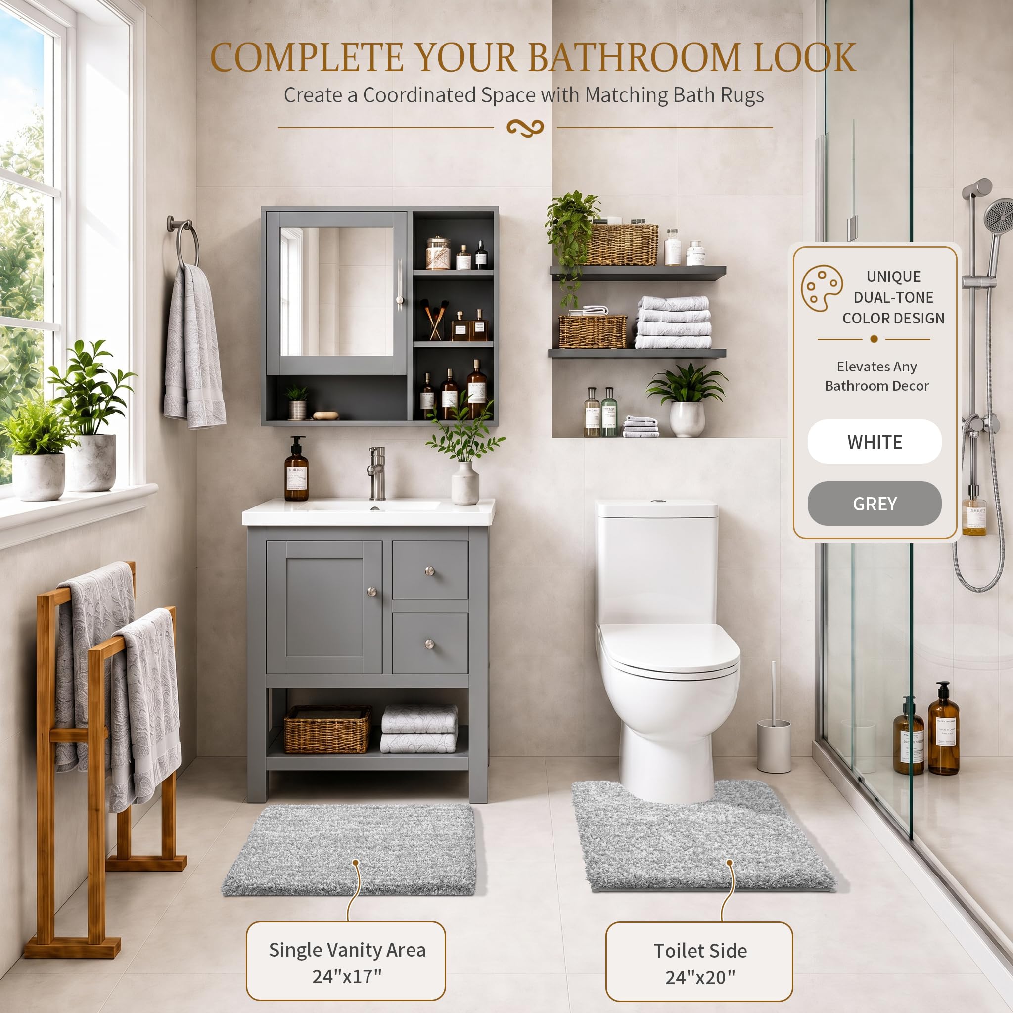 Light Gray and White Non Slip Washable Bathroom Rug D627