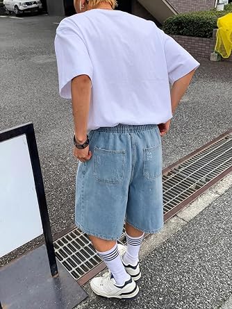 EMMIOL Baggy Jean Shorts Men, Y2k Jorts Cargo Ripped Elastic Waist, Mens Denim Shorts Comfy Casual Streetwear Summer