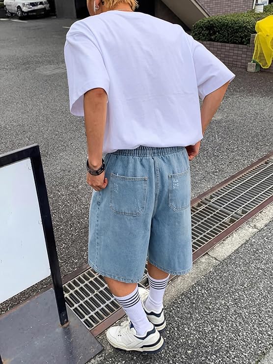 EMMIOL Baggy Jean Shorts Men, Y2k Jorts Cargo Ripped Elastic Waist, Mens Denim Shorts Comfy Casual Streetwear Summer