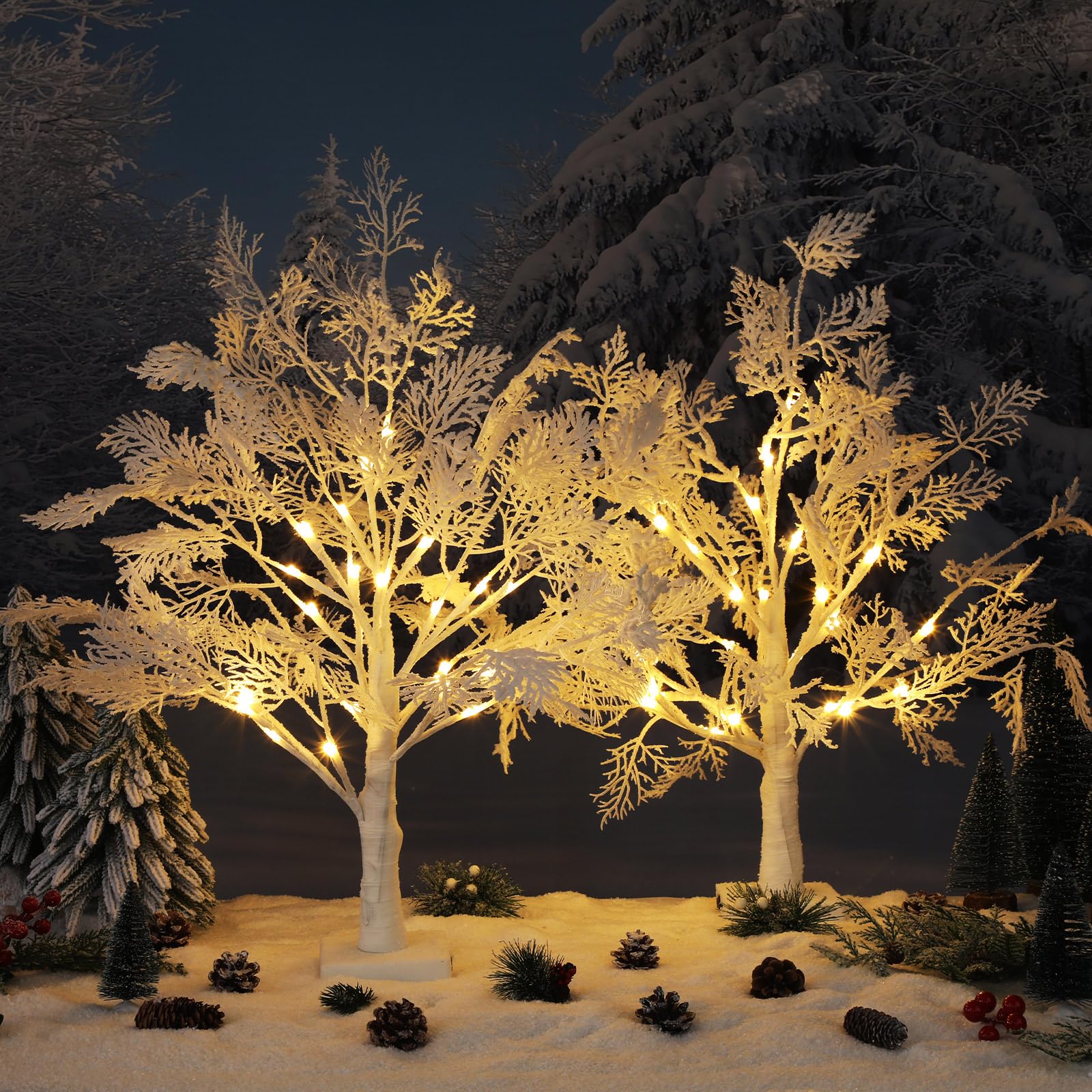 Lot de 2 sapins de Noël de table avec lumières DEL de 61 cm – Mini sapins floqués de neige blancs artificiels éclairés par piles – Décoration USB pour table d'intérieur, cheminée, décoration