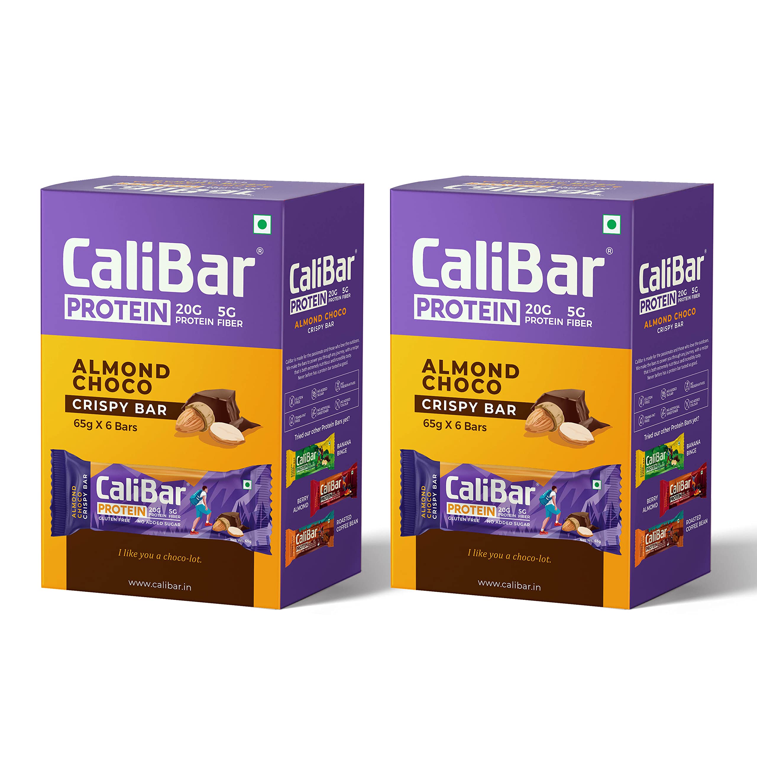 CaliBar 20g Protein Bar - Almond Choco Crispy Bar (Combo Pack of 12) No Added Sugar, GlutenFree, 5g Fiber, No Preservatives, Delicious Taste, Whey & Plant Protein, Fitness & Immunity (65g x 12 Bars)