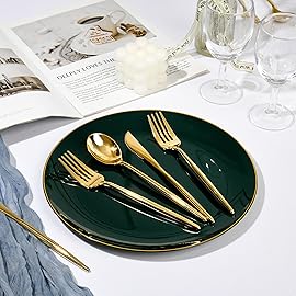 I00000 150Pcs Green Plastic Plates with Gold Rim, Fancy Christmas Plates,Green Disposable Plates Set include 30 Dinner Plate,30 Dessert Plate, 90 Plastic Silverware Set for Christmas,Tanksgiving