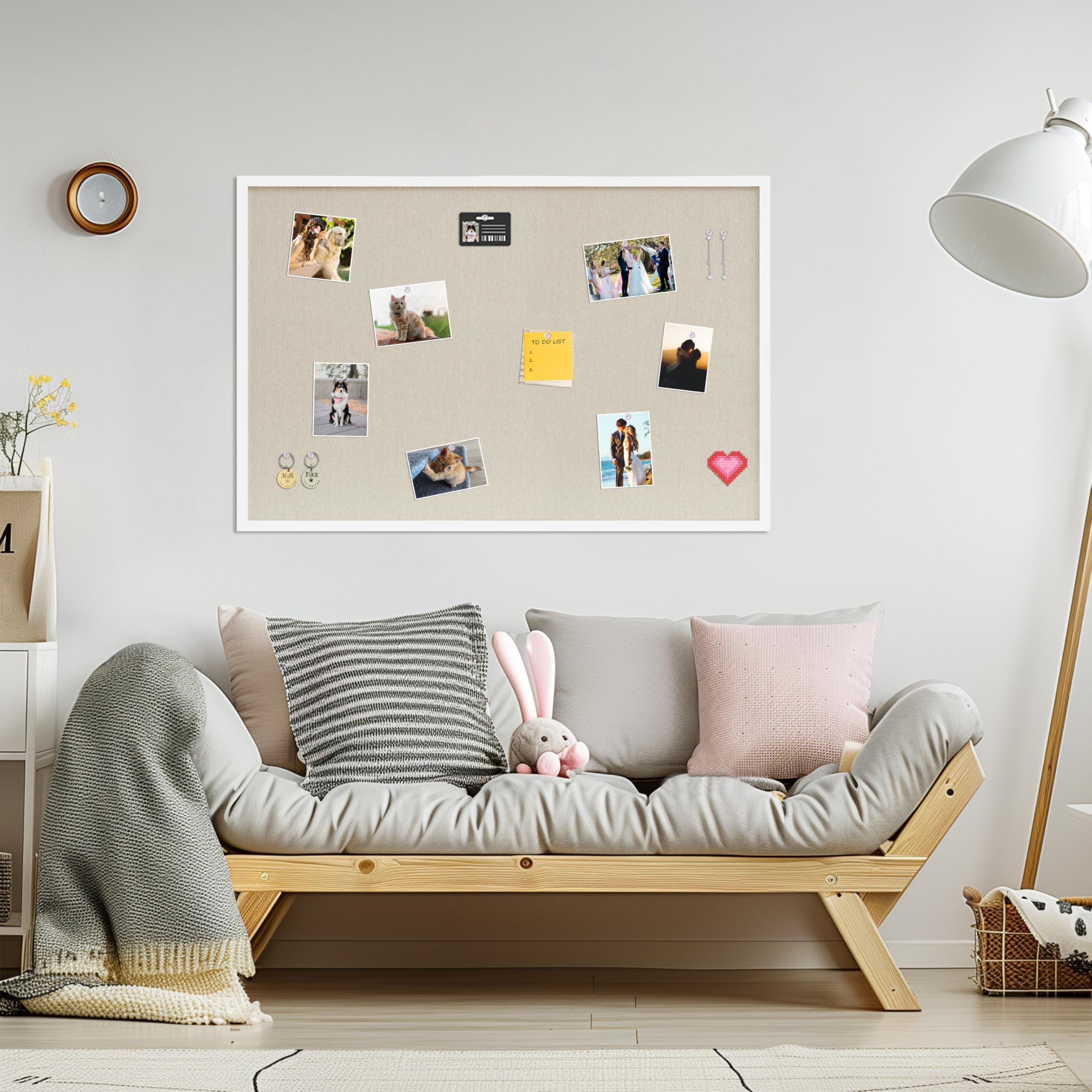 DAHAPYBOO Korktafel mit Leinen, Weiß, Pinnwand, 91,4 x 61 cm, hängende Korktafeln für Büro, Zuhause, Schule, Nachrichtenbrett oder Visionboard-Dekoration.