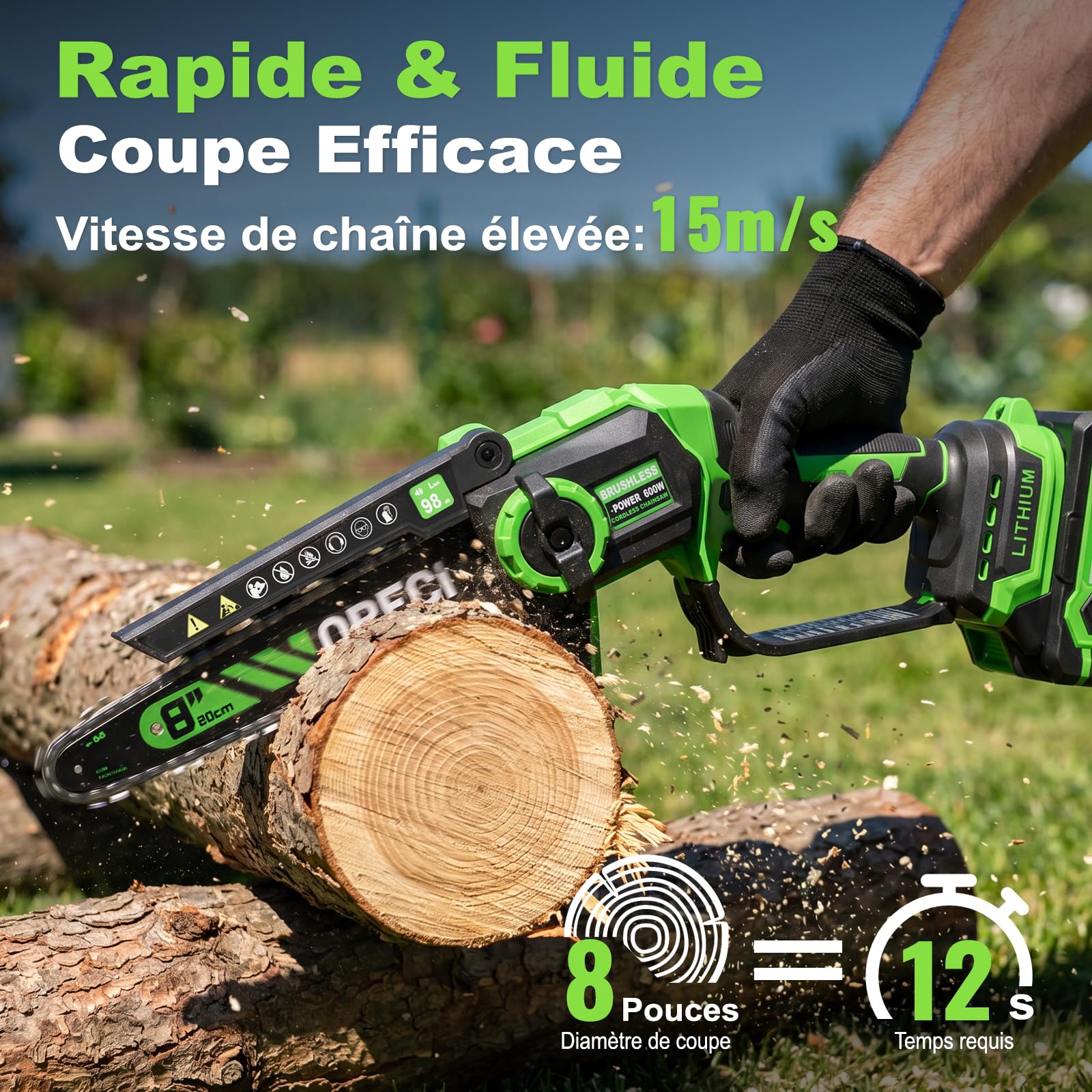 8 Pouces Mini Tronçonneuse Sans Balai Sans Fil, 2×3000mAh Batteries, Lubrification Automatique, Outil Jardinage Idéal pour Élagage Bois et Arbres