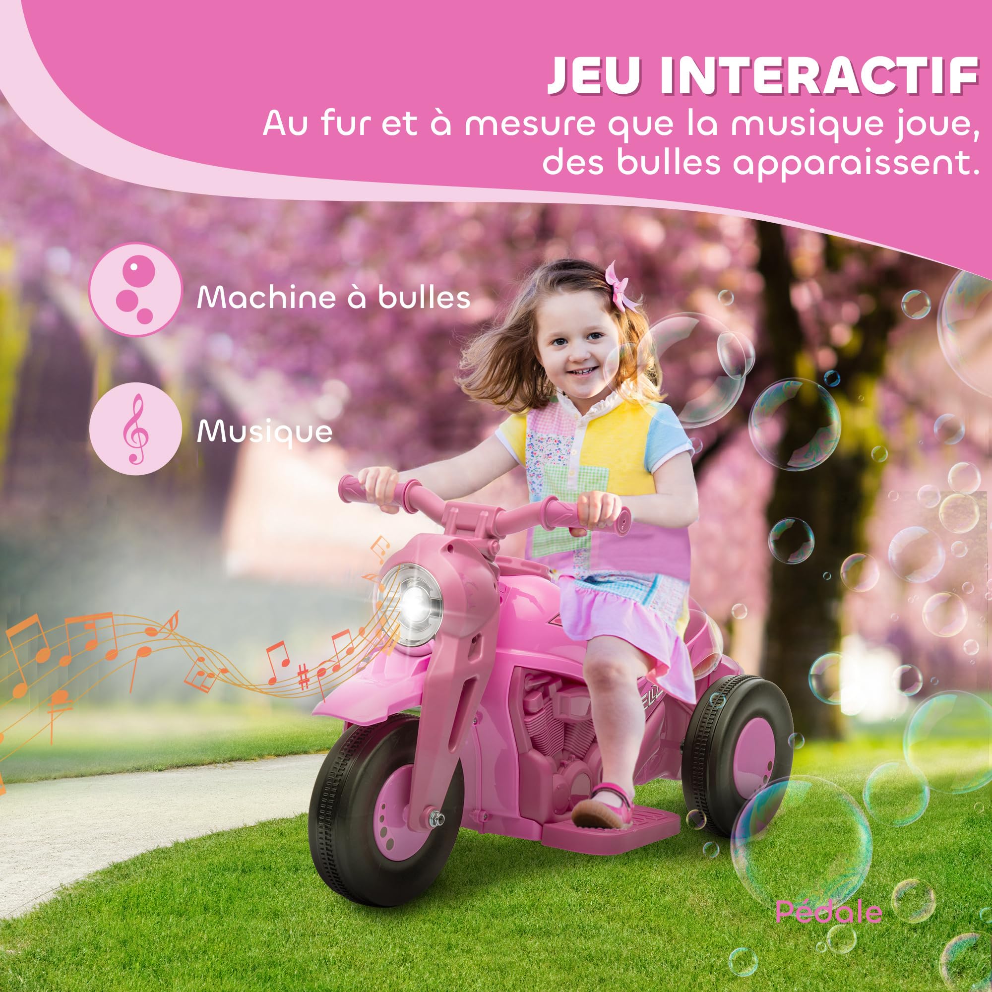 AIYAPLAY Moto électrique Enfants, 3 Roues, 6 V, 3 km/h, Voiture électrique Enfants avec Fonction de Bulles, Effets Lumineux et sonores, 2 à 5 Ans, Charge Max. 30 kg, Rose