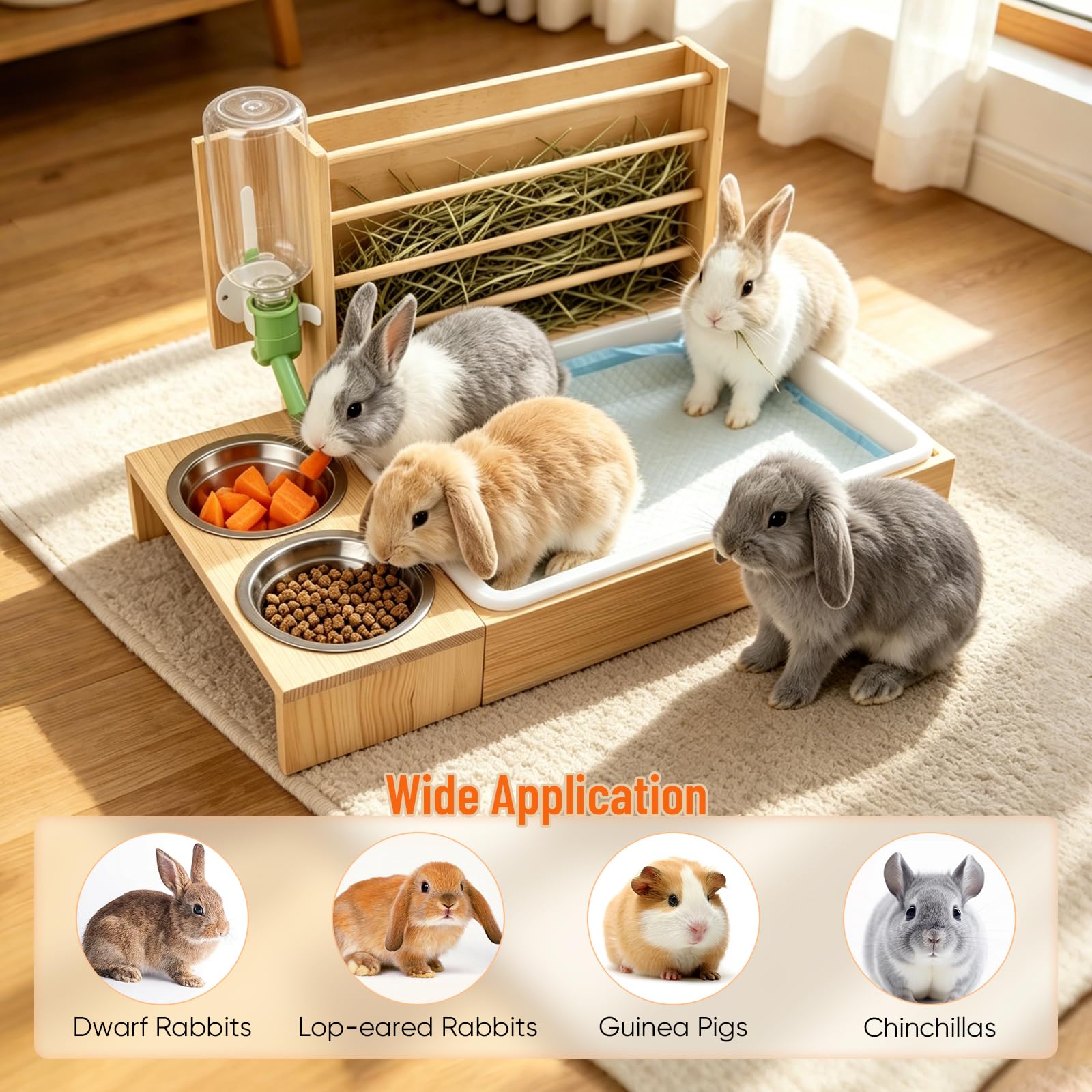 Râtelier à Foin 4-en-1 pour Lapins, Station d'alimentation | Distributeur foin amovible pour cochons d'Inde avec bac à litière, 2 gamelles et biberon Mangeoire bois pour petits animaux