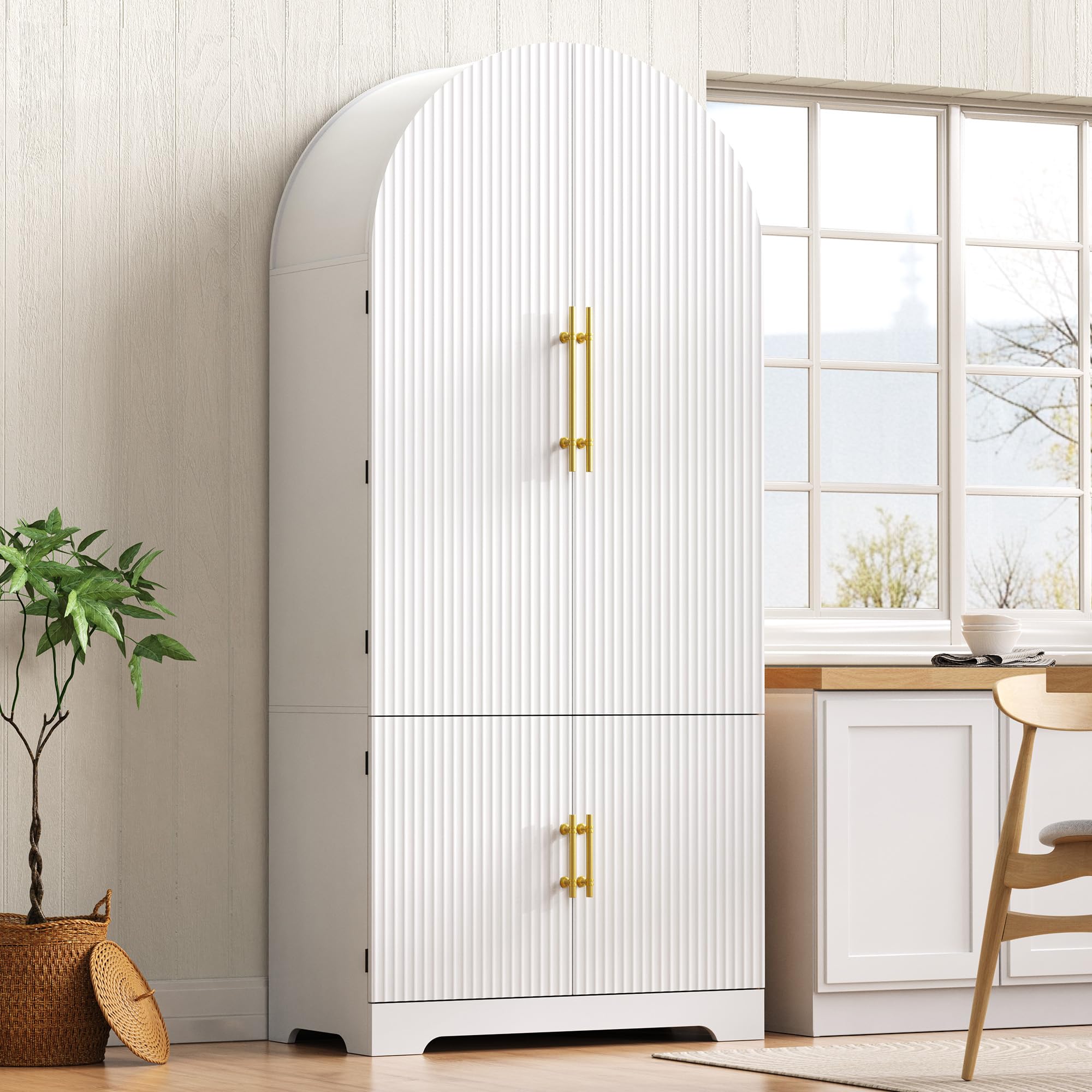 Ball &amp; Cast 72″Tall Arched Kitchen Pantry Cabinet with 8 Door Shelves &amp; Drawers,Versatile Farmhouse Fluted Pantry Storage Cabinet w/ 3 Adjustable Shelves for Kitchen,Dining Room,White