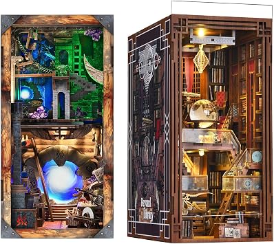 DIY Book Nook Kit, DIY Miniature Dollhouse Booknook Kit, 3D Wooden Puzzle Bookend Bookshelf Insert Decor with LED Light for Teens and Adults