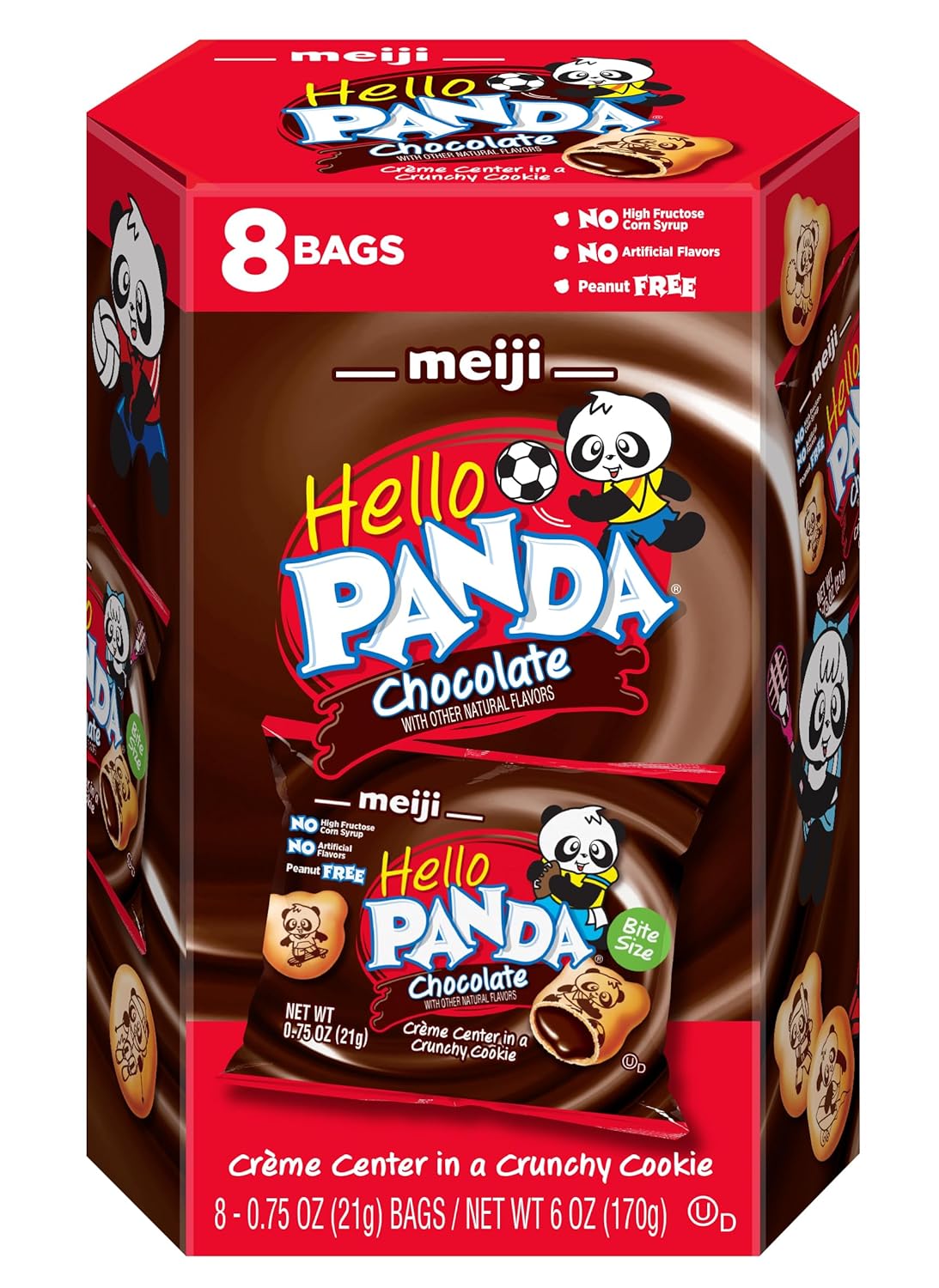 Meiji Cookies, Chocolate Crème Filled - 6 oz, Pack of 8, 64 Bags Total - Bite Sized Cookies with Fun Panda Sports
