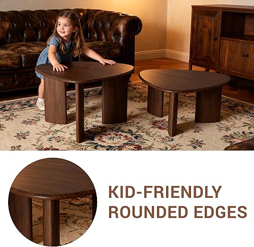 Miniatura 4 de Hoonyee - Juego de 2 mesas auxiliares anidadas, mesa auxiliar moderna de chapa de madera de nogal y mesa auxiliar para sala de estar, juego de mesa