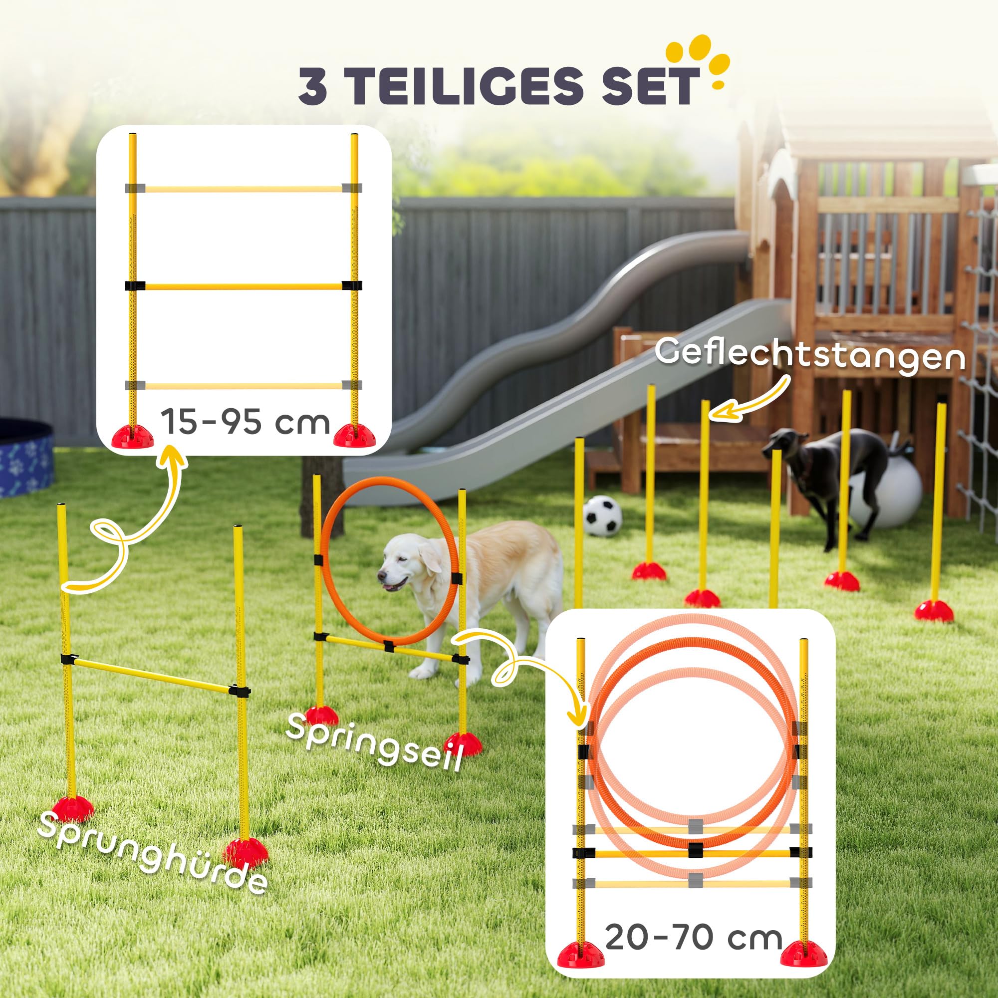PawHut Set Agility Cani 4 pezzi riempibili per l'addestramento dei cani Set di ostacoli con pali per slalom, ostacoli regolabili in altezza, anello per il salto e la coordinazione per l'addestramento