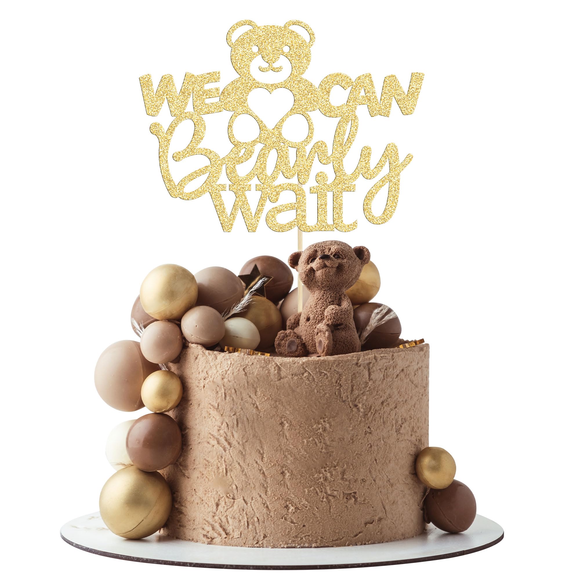 Gyufise 1Pc We Can Bearly Wait Baby Shower Cake Topper Baby Bear Theme Cake Decoration for Baby Shower Gender Reveal Party Decoration Supplies Gold Glitter