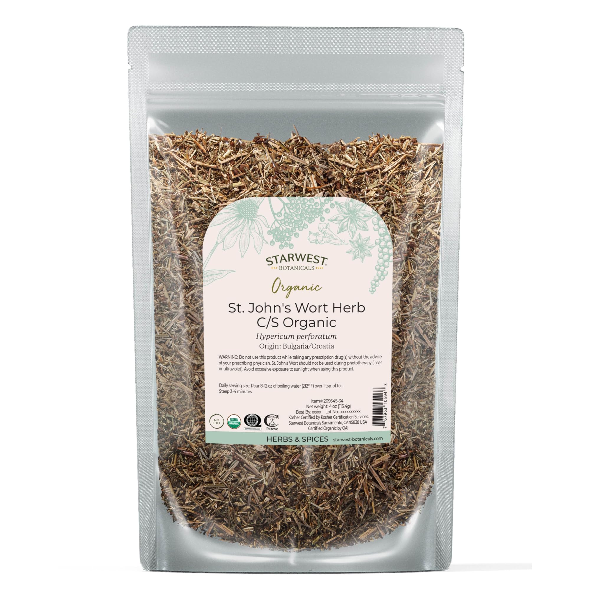 Organic St. John's Wort Herb C/S, 4 Ounces