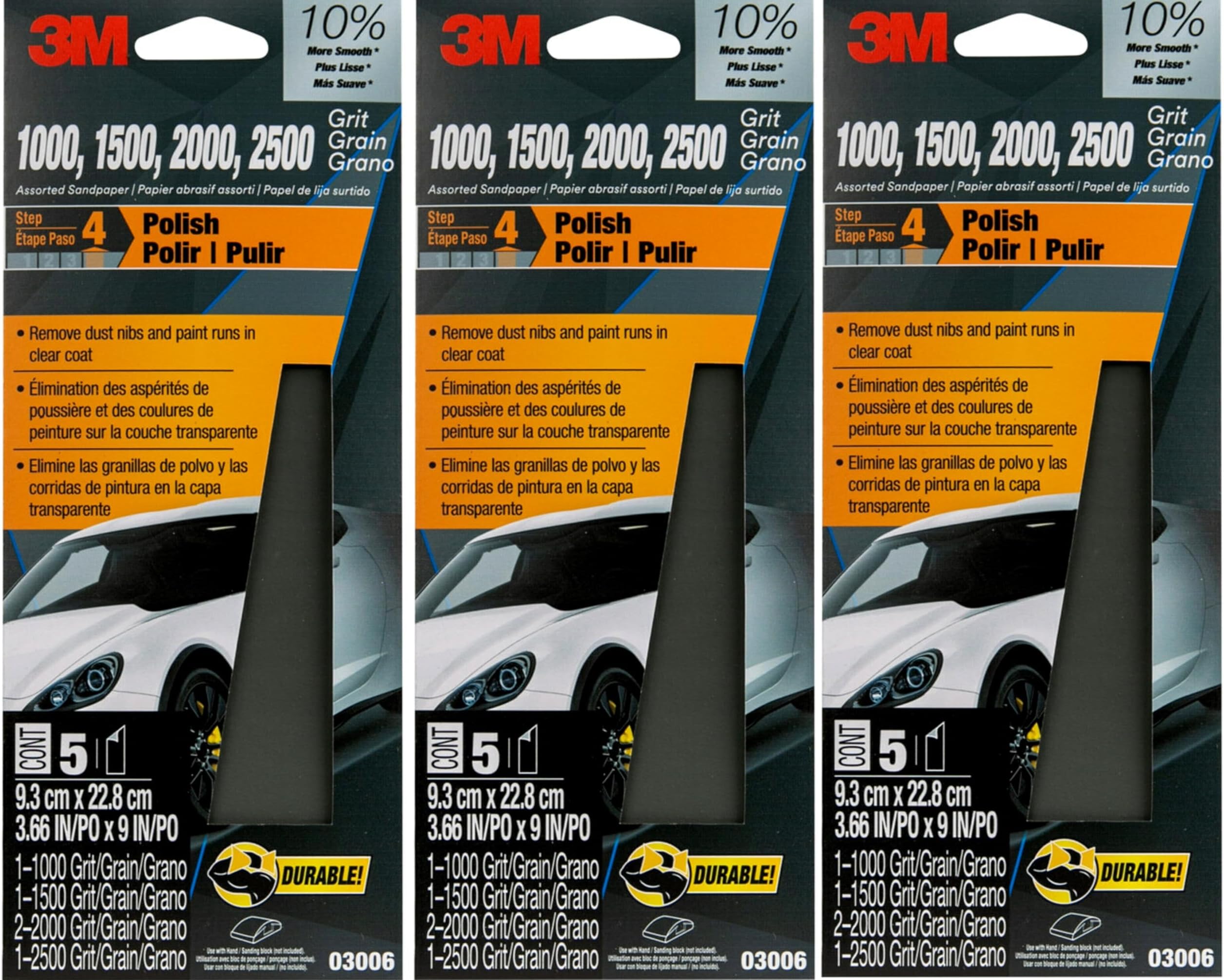 3M(TM) Wetordry(TM) Sandpaper, 03006, 3-2/3 in x 9 in, Assorted, 3 Pack