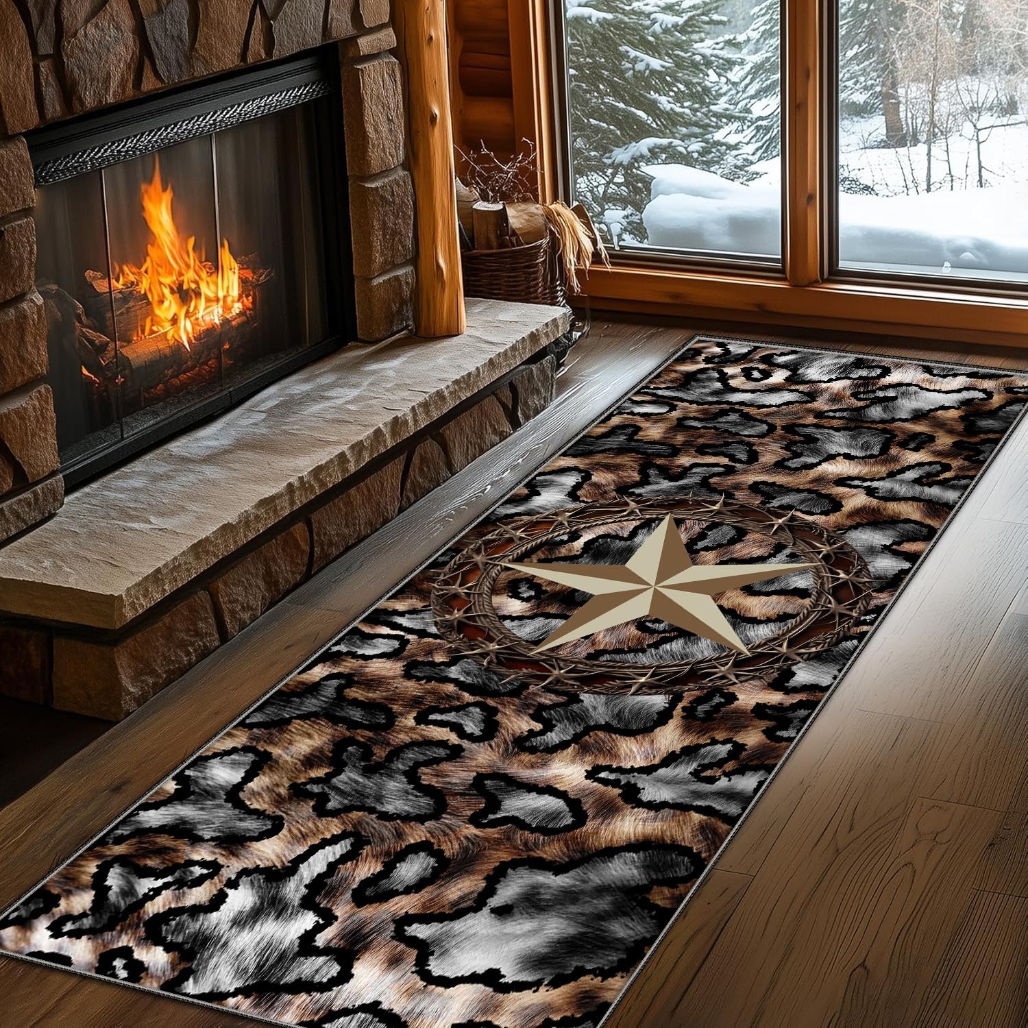 PDENZG Leopard Print Runner Rug, 50x150cm,Rustic Vintage Texas Star Rug,Faux Fur Animal Print Kitchen Rugs,Soft Non-Slip Western Cowhide Cheetah Rugs, for Living Room Entrance Hallway Carpet