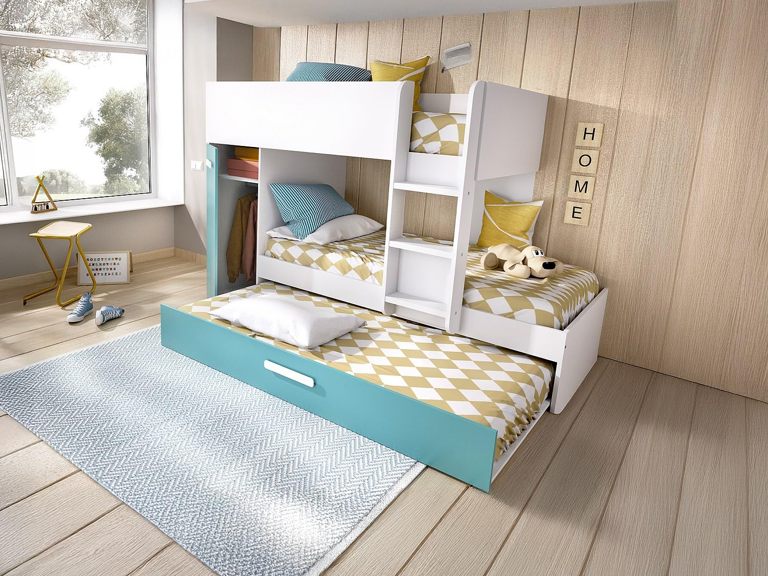 DEKIT GRUPO RIMOBEL TOM - Cama trem con armario y cama arrastre - Blanco/Esmeralda - 150 X 244 X 112