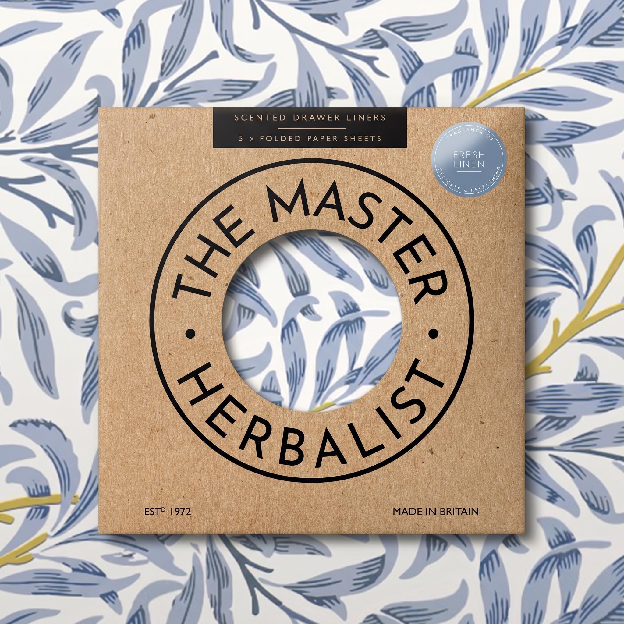 The Master Herbalist William Morris Design (Folded) Drawer Liners - 5 Sheets - Contains Essential Oils - Made in the UK. (Fresh Linen, Folded)