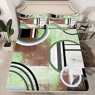 Mint Green Brown Gray Bed Sheets,Geometry Circles Fitted Sheet for Kids Teens Adult,Gurnge Oil Painting Sheets,Geometric Bedding Set,Abstract Striped Lines Bed Set 3Pcs with 2 Pillow Cases,Full