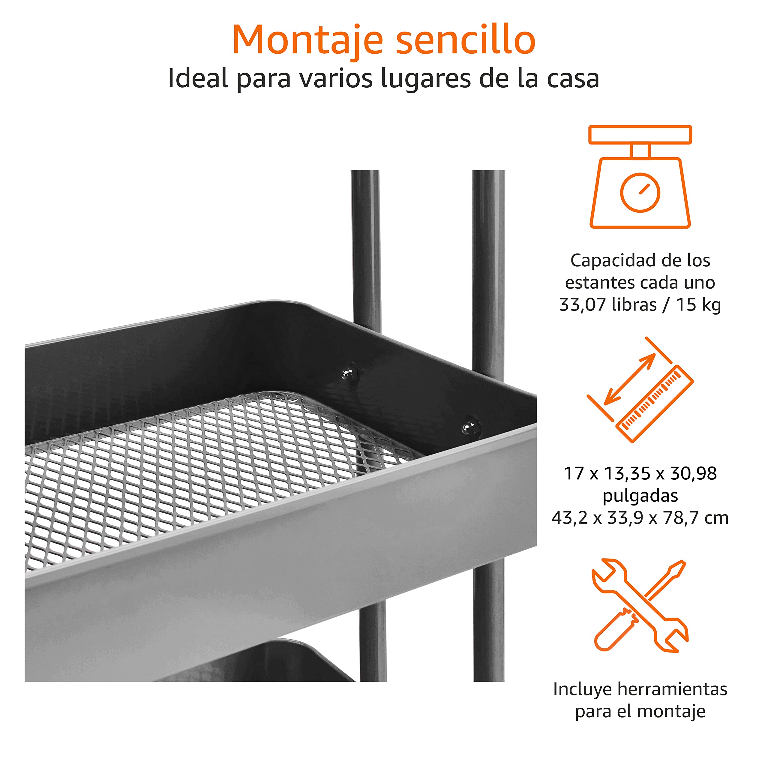 Amazon Basics Carrito de cocina o multiuso de 3 estantes con ruedas, Gris Oscuro — view 2