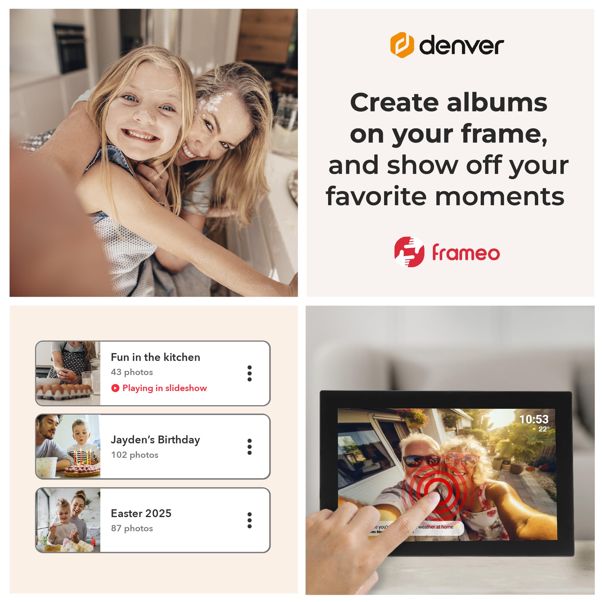 Denver Frameo Marco Digital WiFi 10,1 Pulgadas, Pantalla IPS táctil 1280 x 800, 16 GB, App Frameo, Color Negro