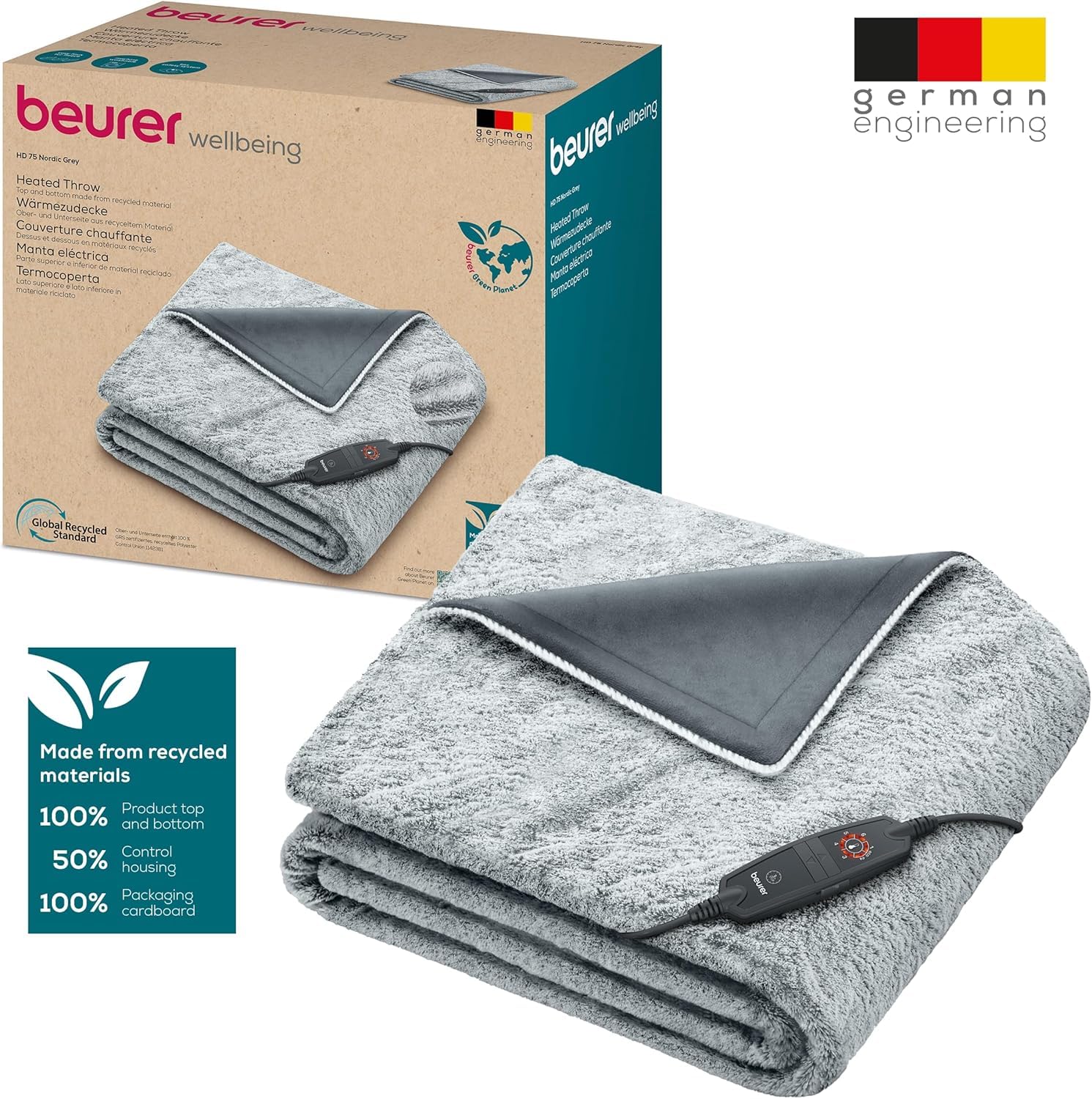 Beurer HD 75 Nordic Grey Manta eléctrica, Parte Superior/Inferior de Material Reciclado, Suave y acogedora, 6 ajustes de Temperatura, Lavable a máquina, 180 x 130 cm