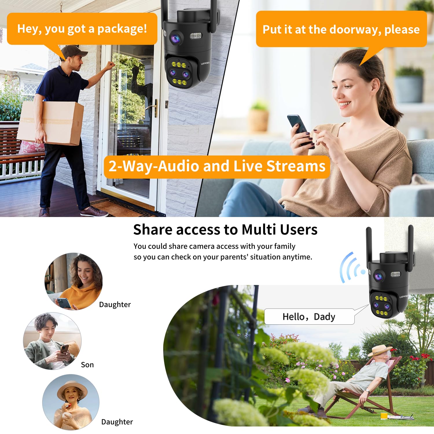 Telecamera di sicurezza esterna a tre lenti WiFi 2.4G/5G, telecamera di registrazione continua 24/7 per la sicurezza domestica, alimentazione plug-in, piastrelle PAN zoom 10x, tracciamento