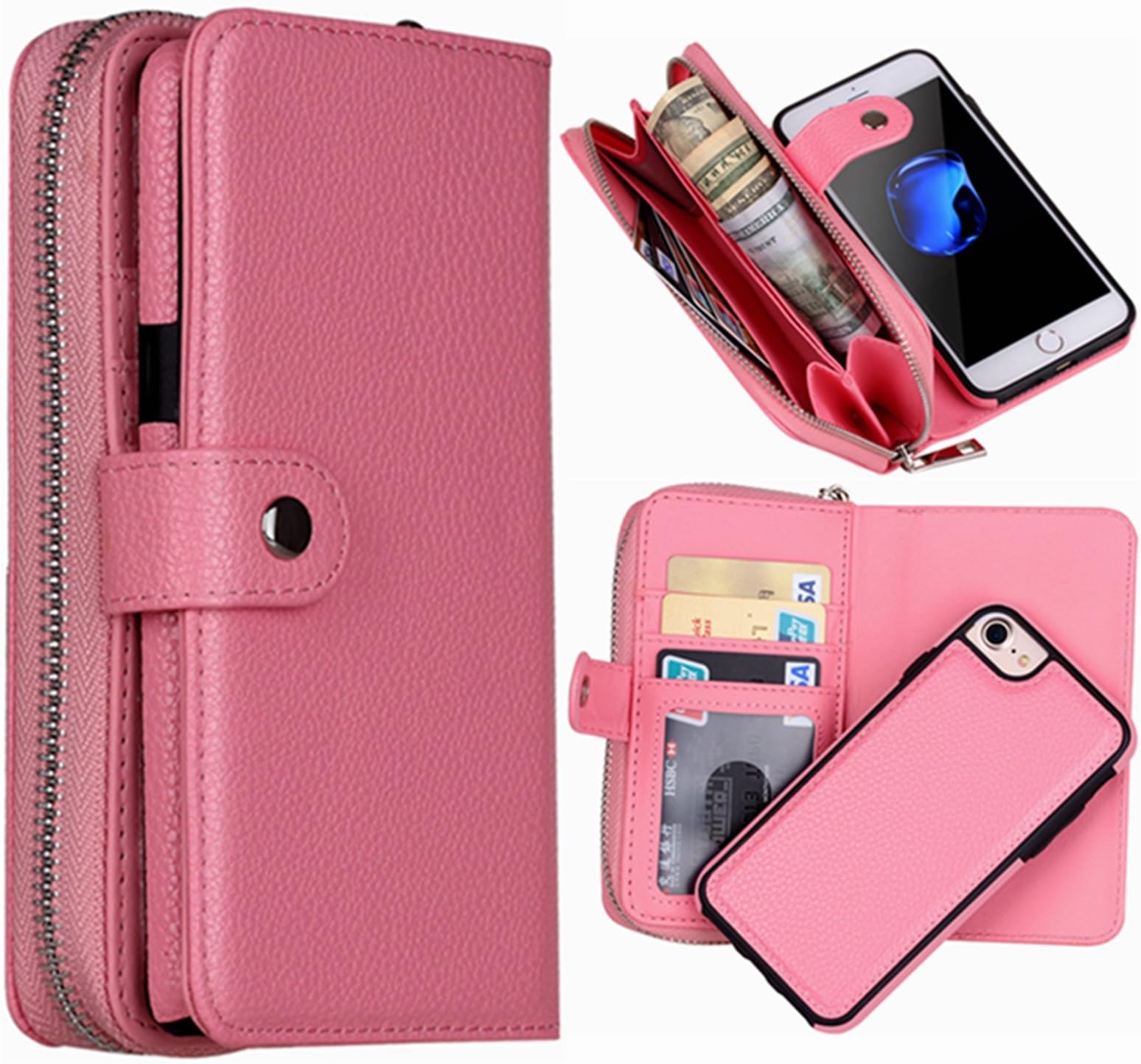 Hynice iPhone 6/6S Wallet Case, iPhone 6/6S Wallet Purse Case Leather Zipper Case with credit card slots and Magnetic Detachable Slim Cover for iPhone 6/6S 4.7" (Litchi-pink)