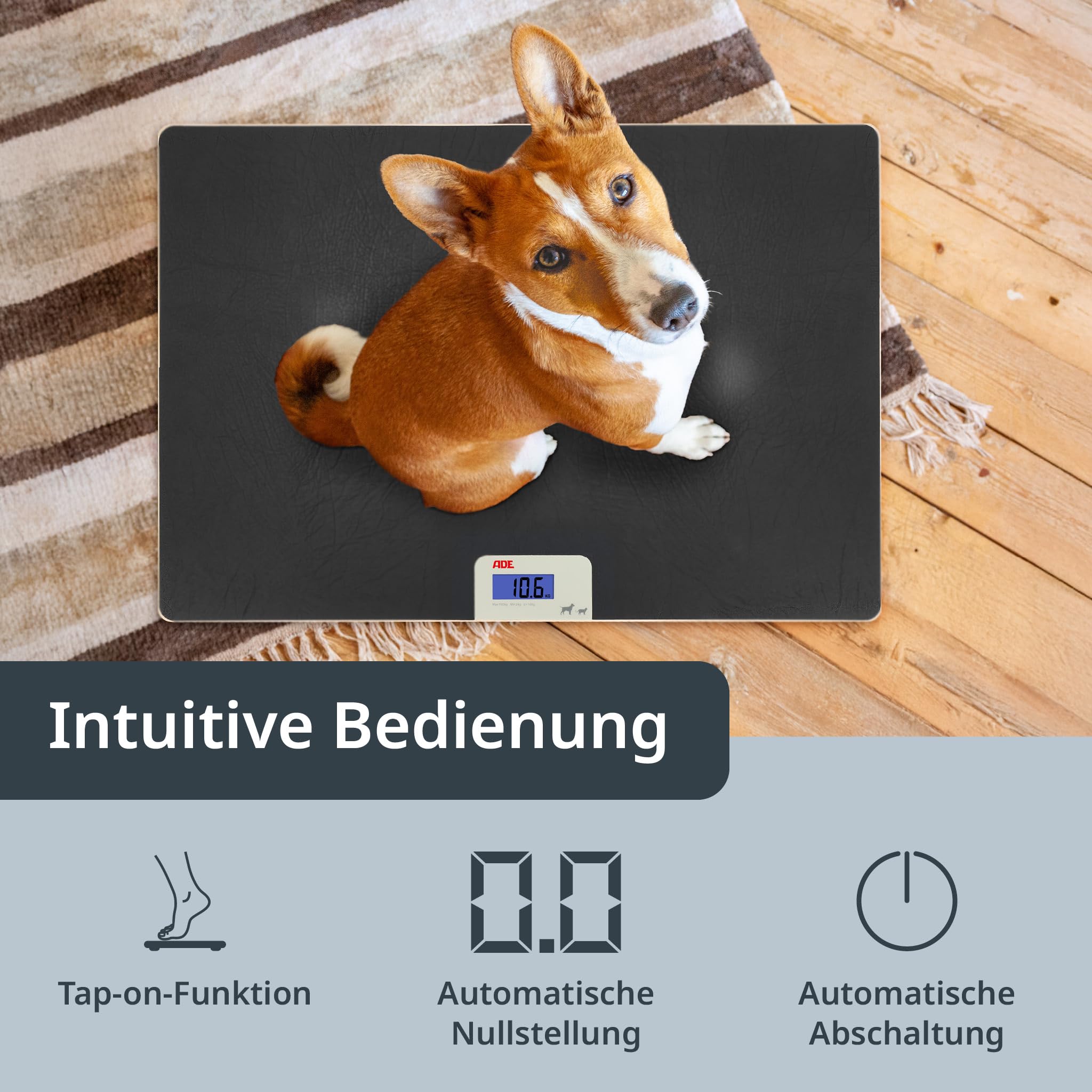 ADE Digitale Tierwaage bis 100 kg | große Hundewaage XL | extra leicht und flach | pfotenfreundliche Oberfläche | auch für Katzen und Kleintiere