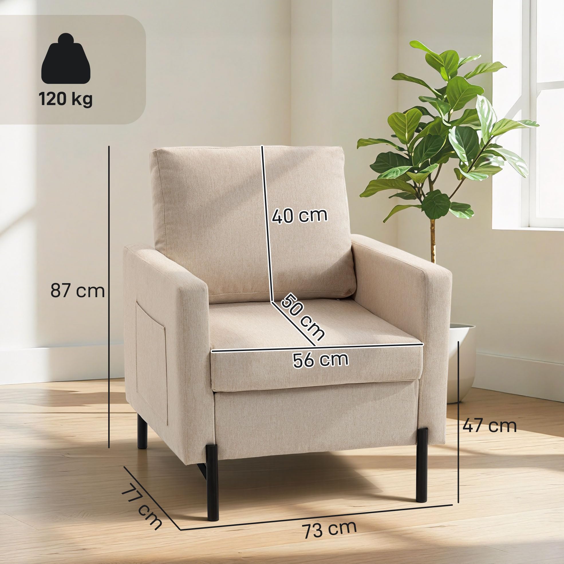HOMCOM Fauteuil de Salon, canapé 1 Place rembourré avec accoudoirs, Assise Large et Pieds en Acier, Tissu Effet Lin, Style Moderne, pour Chambre à Coucher, Salon, Bureau, Beige