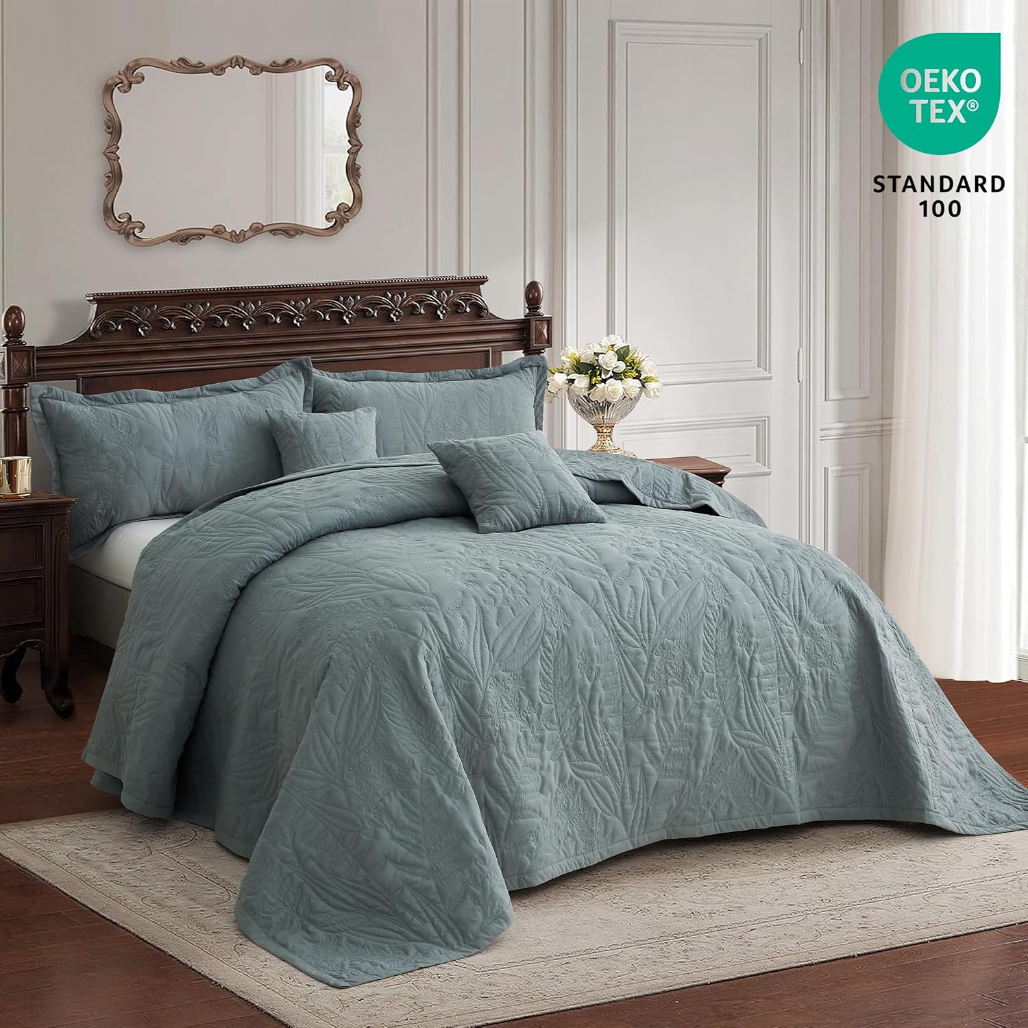 HZ & HY Botanical Oversized King Bedspread 128x120 Extra Wide, Leaves Pattern Stitching Quilt Set, Elegant & Fresh Style Bedding Cover, Reversible, Lightweight 5 Piece Set, Grey