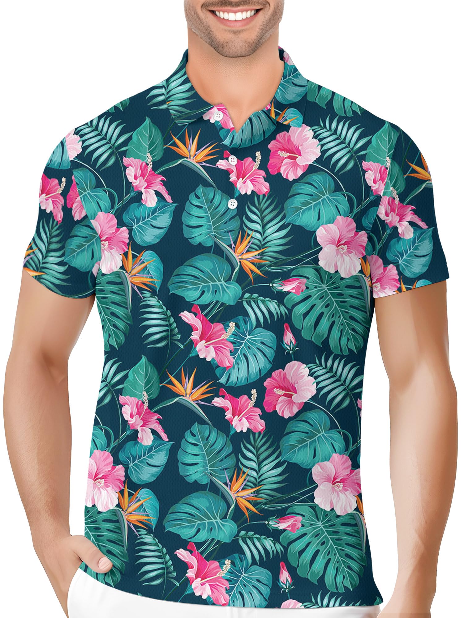 PAGYMO Golf Shirts for Men Crazy Hawaiian Print Funny Mens Polo Shirt