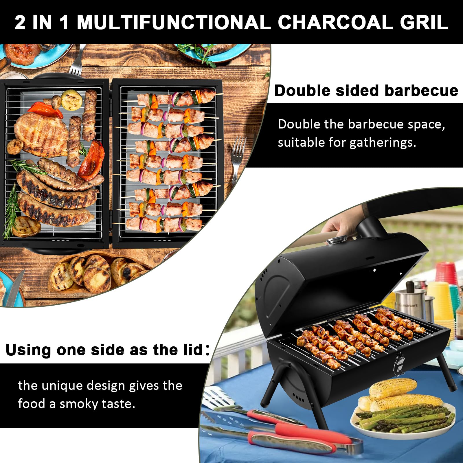 Barbecue Charbon Portable 2 en 1 Noir | avec Thermomètre, robuste, facile à transporter, pour jardin balcon voyage camping