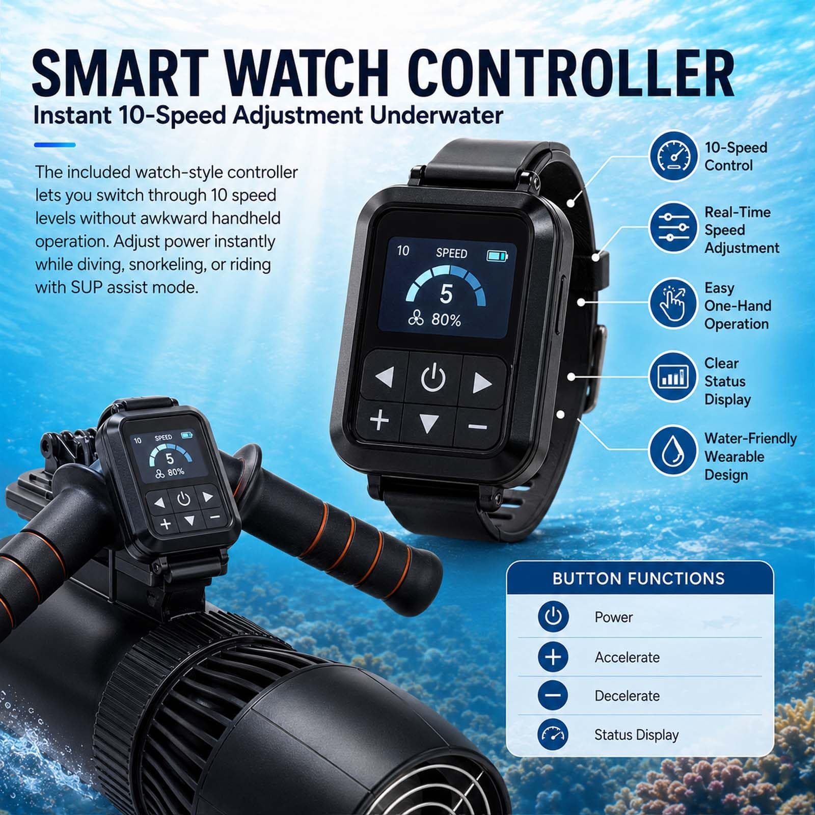 500W Unterwasser-Tauchscooter, Elektrischer Seescooter zum Tauchen mit 10 Geschwindigkeiten (3–8 km/h), Leistungsstarker Wasserpropeller