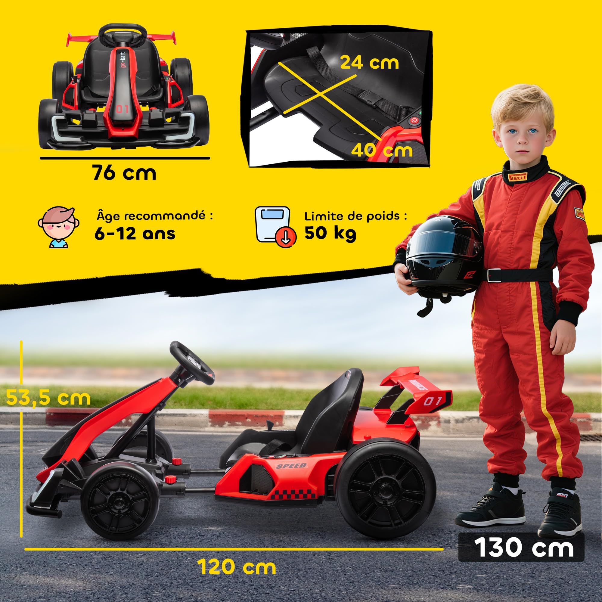 HOMCOM Kart électrique pour Enfants 24 V, 2 x 150 W, LED, Drift, Musique, 6-12 Ans, Rouge