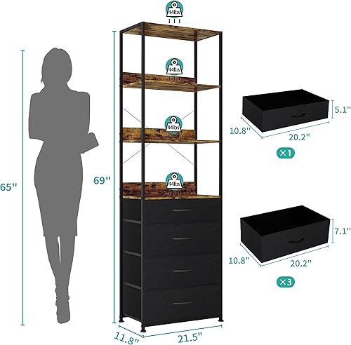Miniatura 3 de Estantería de 4 niveles con 4 cajones, estantería abierta multifuncional, estante de almacenamiento para sala de estar, oficina, dormitorio, cocina,