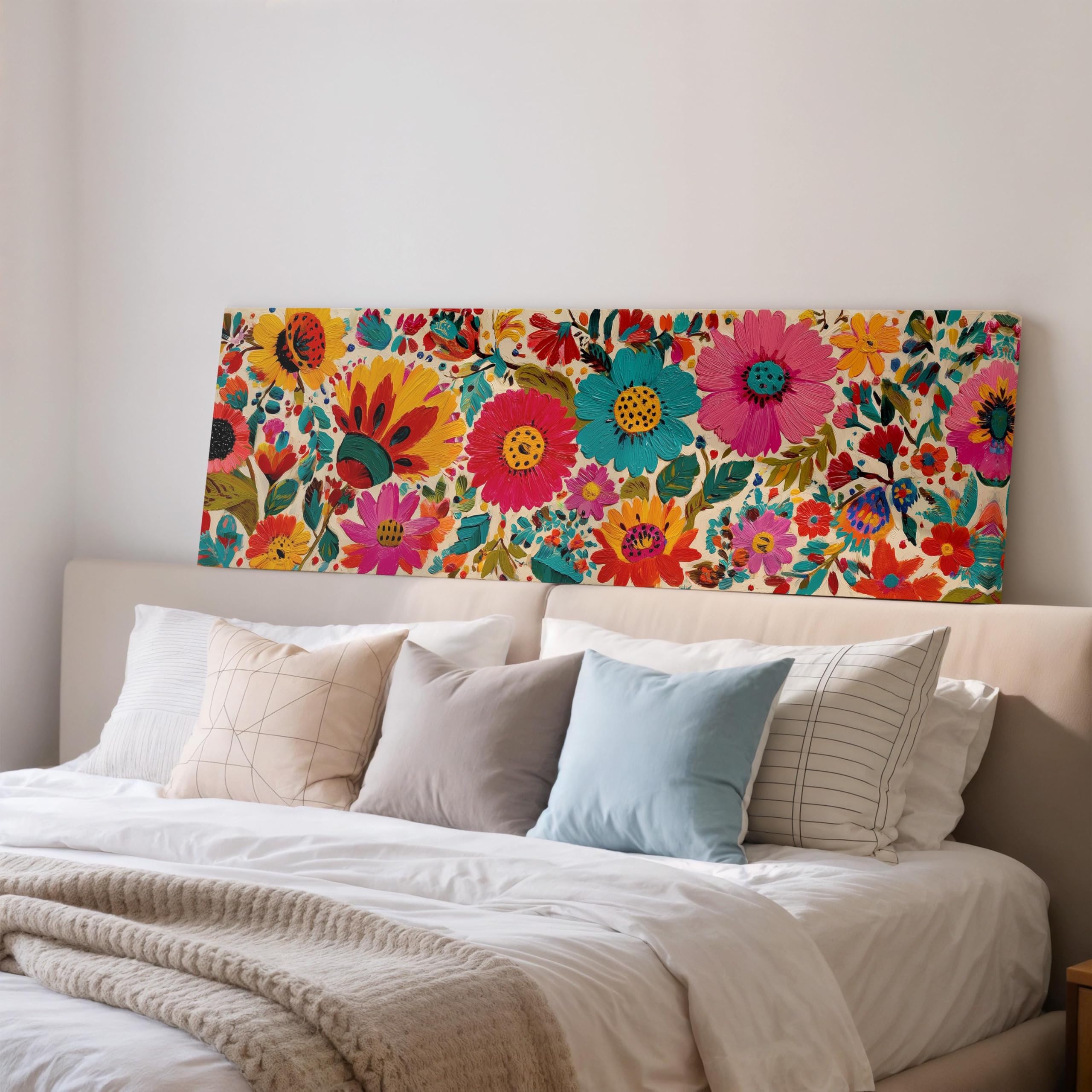 XBTYKPB Textured Floral Panoramic Art, Flowers, Wide Canvas Print, Large Colorful Folk Art Painting, Boho Framed Art for Bedroom(60x180cm/Frameless)