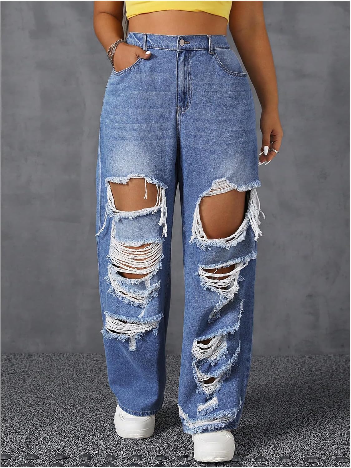 Floerns Women's Plus Size High Waist Distressed Jeans Straight Leg Casual Loose Denim Pants - Image 4