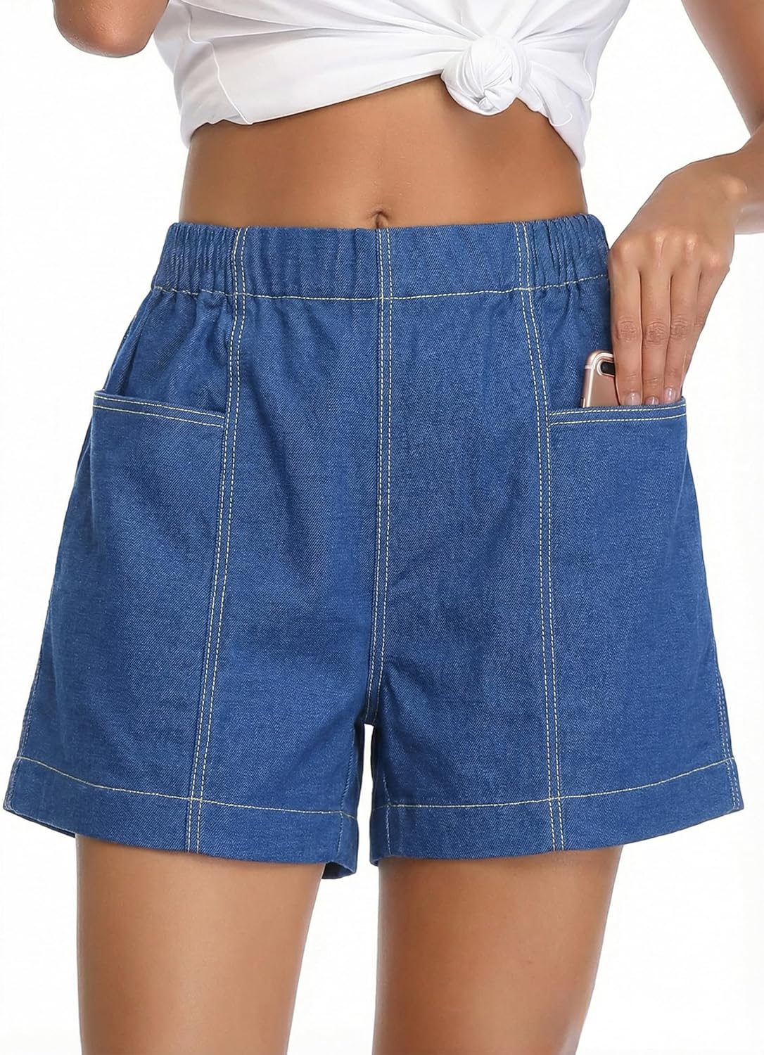 Fuinloth Women's Faux Denim Shorts, Elastic Wasit Mid Rise Loose Fit with 2 Front Pockets, Stretchy Jeans Short Pants