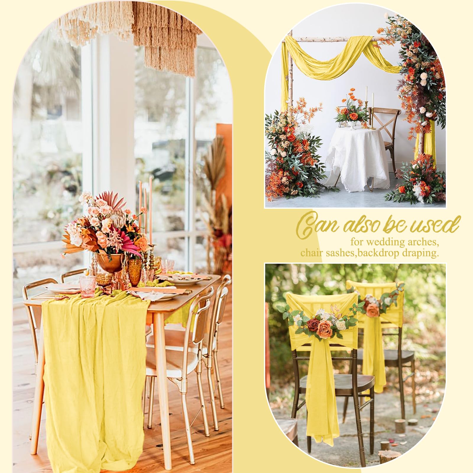 Lot de 8 Chemins de Table en Étamine Jaune, 90 x 300 cm en Tissu Gaze Rustique Bohème - Chemin de Table en Étamine Longue Nappe pour Mariage, Fête, Décoration