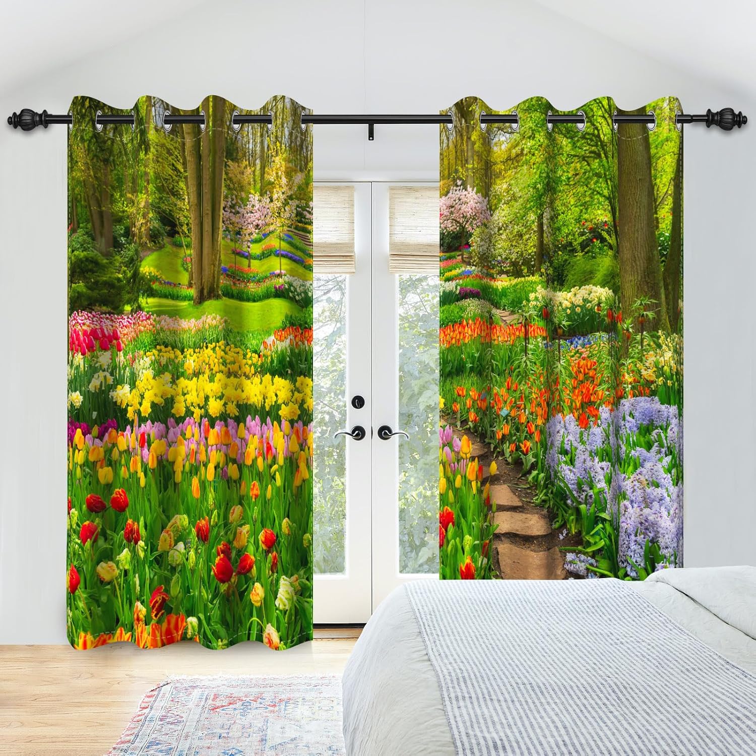 Spring Forest Park Window Curtains Colorful Floral Blooming Tulip Flowers Blackout Window Drapes Garden Path Spring Scenery Window Treatment Sets Bedroom Living Room Decor,42x84 inch,2 Panels