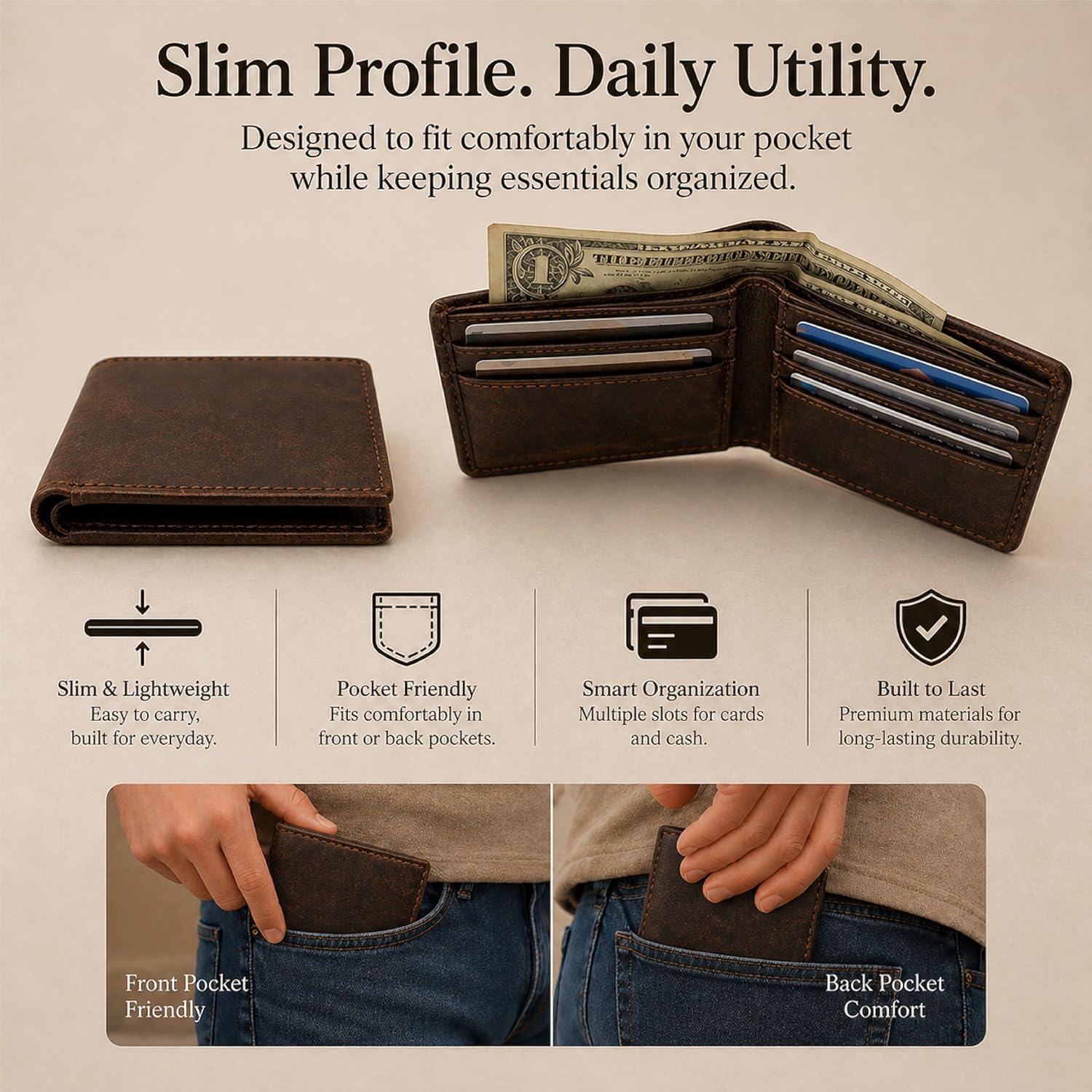 Leather Wallet Card Holder – Slim Bifold Wallet with ID Window Multiple Card Slots Compact Front Pocket Wallet for Everyday Use, 3.5 x 4.5- Brown