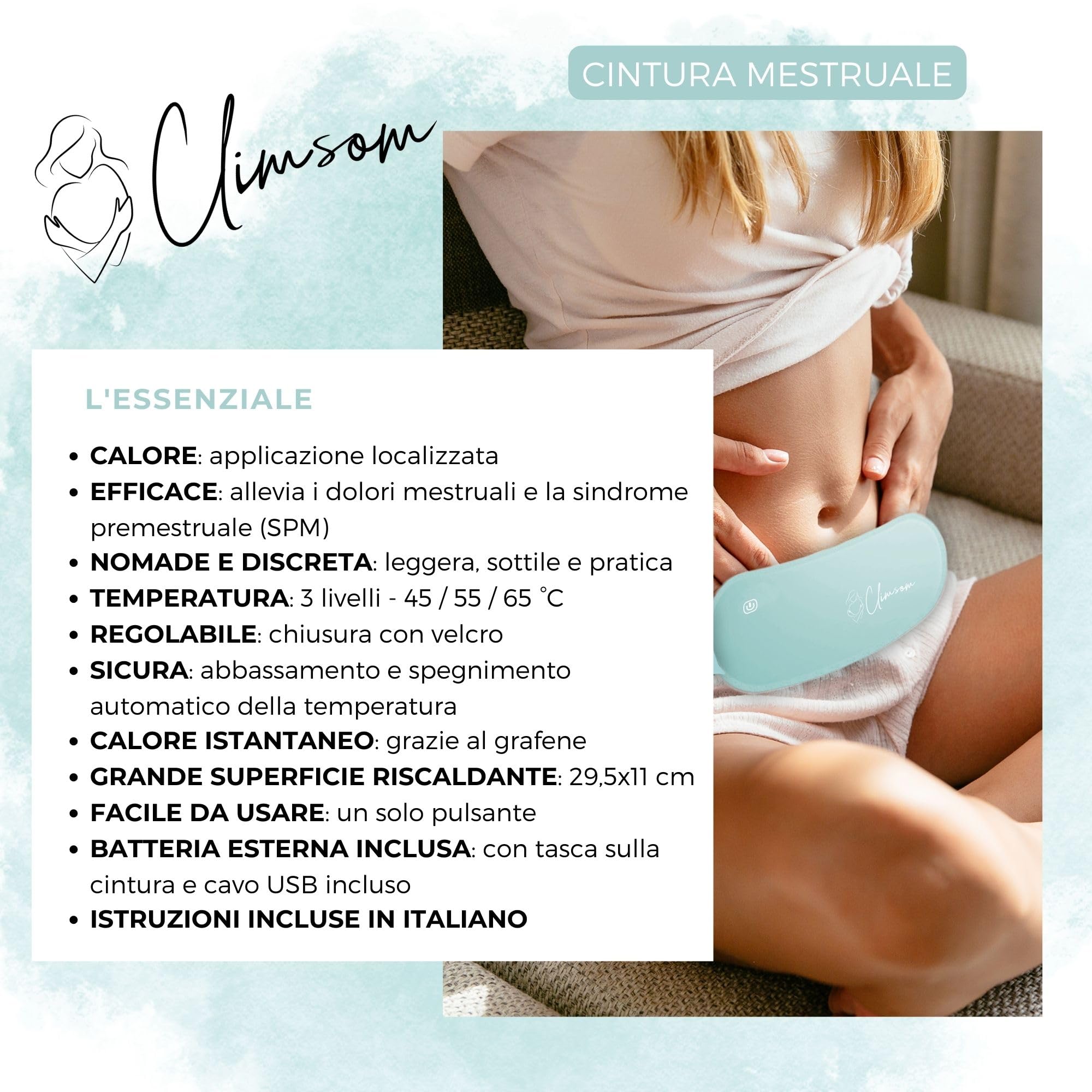 Fascia Riscaldante Per Dolori Mestruali Con Batteria USB-C e A – Cuscino Per Ciclo Doloroso ed Endometriosi – Effetto Borsa Dell’Acqua Calda – CLIMSOM