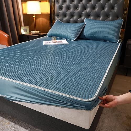 Miniatura 10 de FCLDESHOP Funda de colchón de material suave, sábana bajera ajustable de seda de hielo de látex de verano, color sólido, antideslizante, se adapta a
