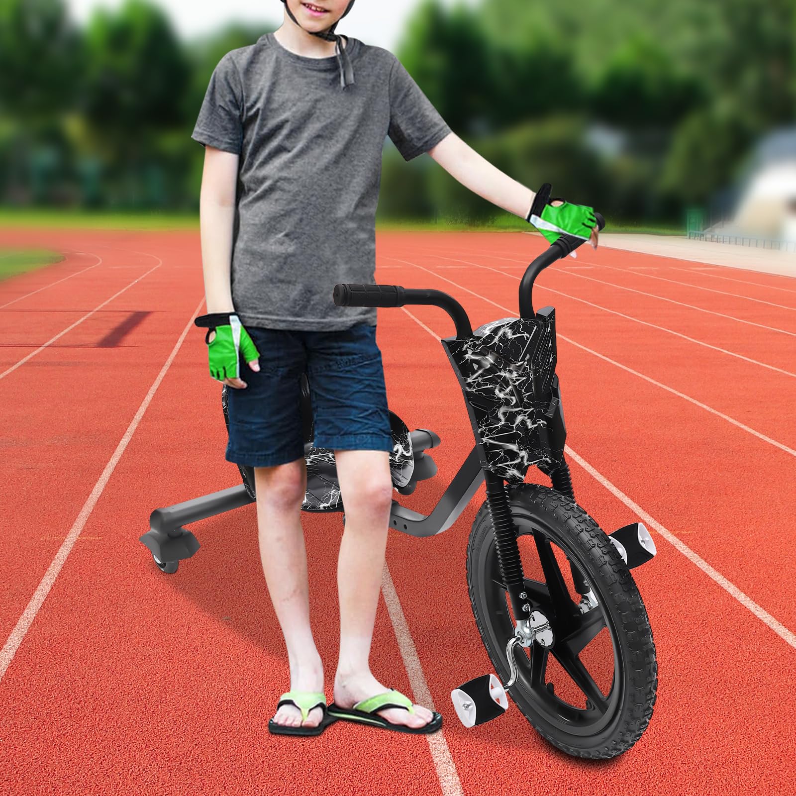 Drift Trike, 360° Drift Cart Tretauto mit Pedale Verstellbarer Schalensitz Schwarzer Blitz ab 6 Jahren für Straße Spielplatz Hof Park Outdoor